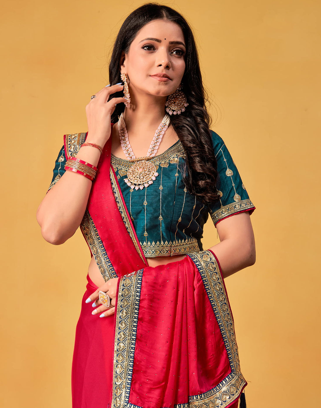 Dark Pink Silk Stone Work Embellished Saree