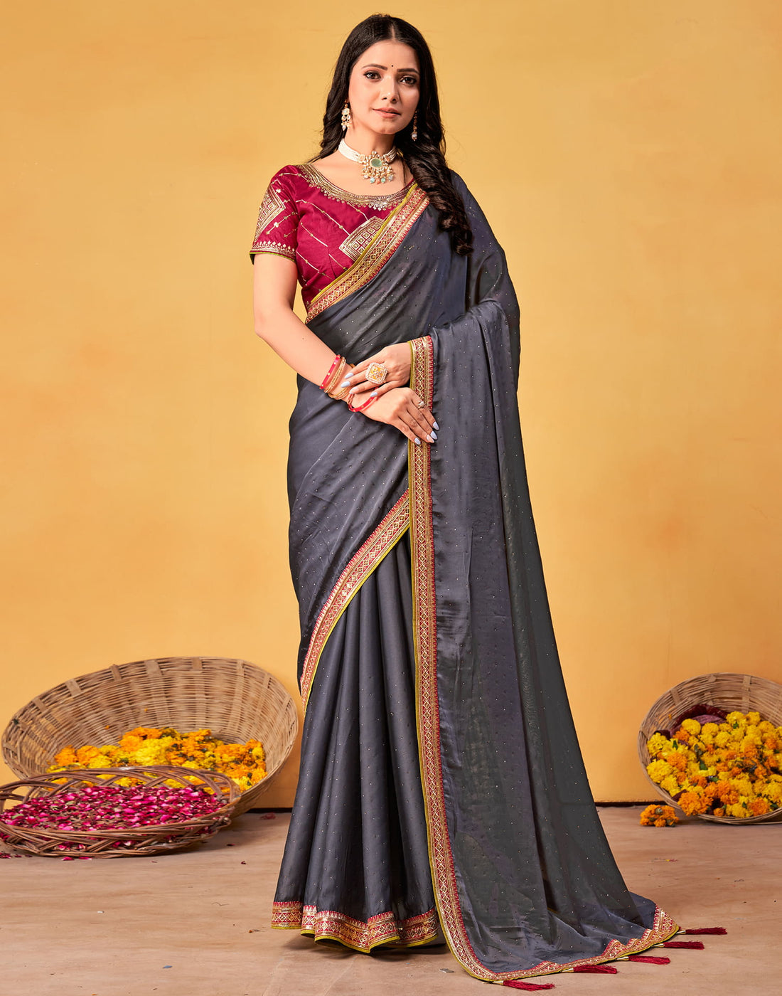 Grey Silk Stone Work Embellished Saree
