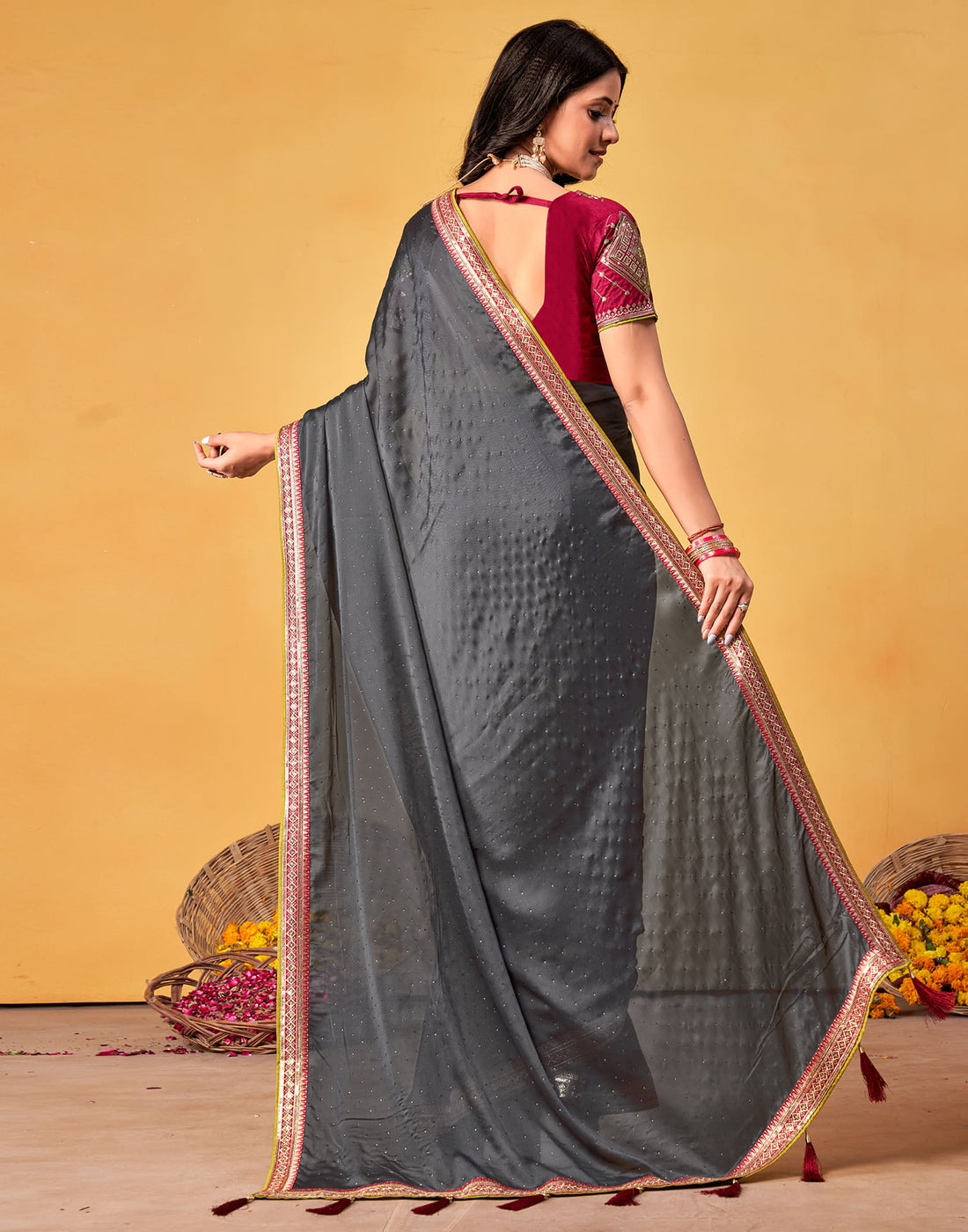 Grey Silk Stone Work Embellished Saree
