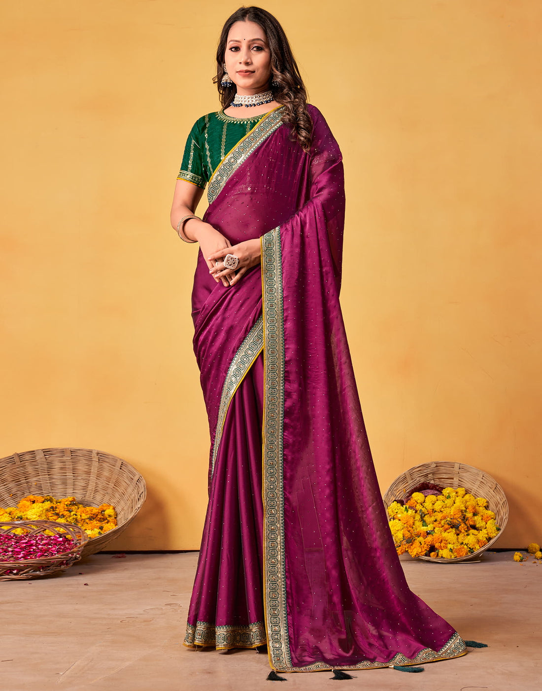 Dark Magenta Silk Stone Work Embellished Saree