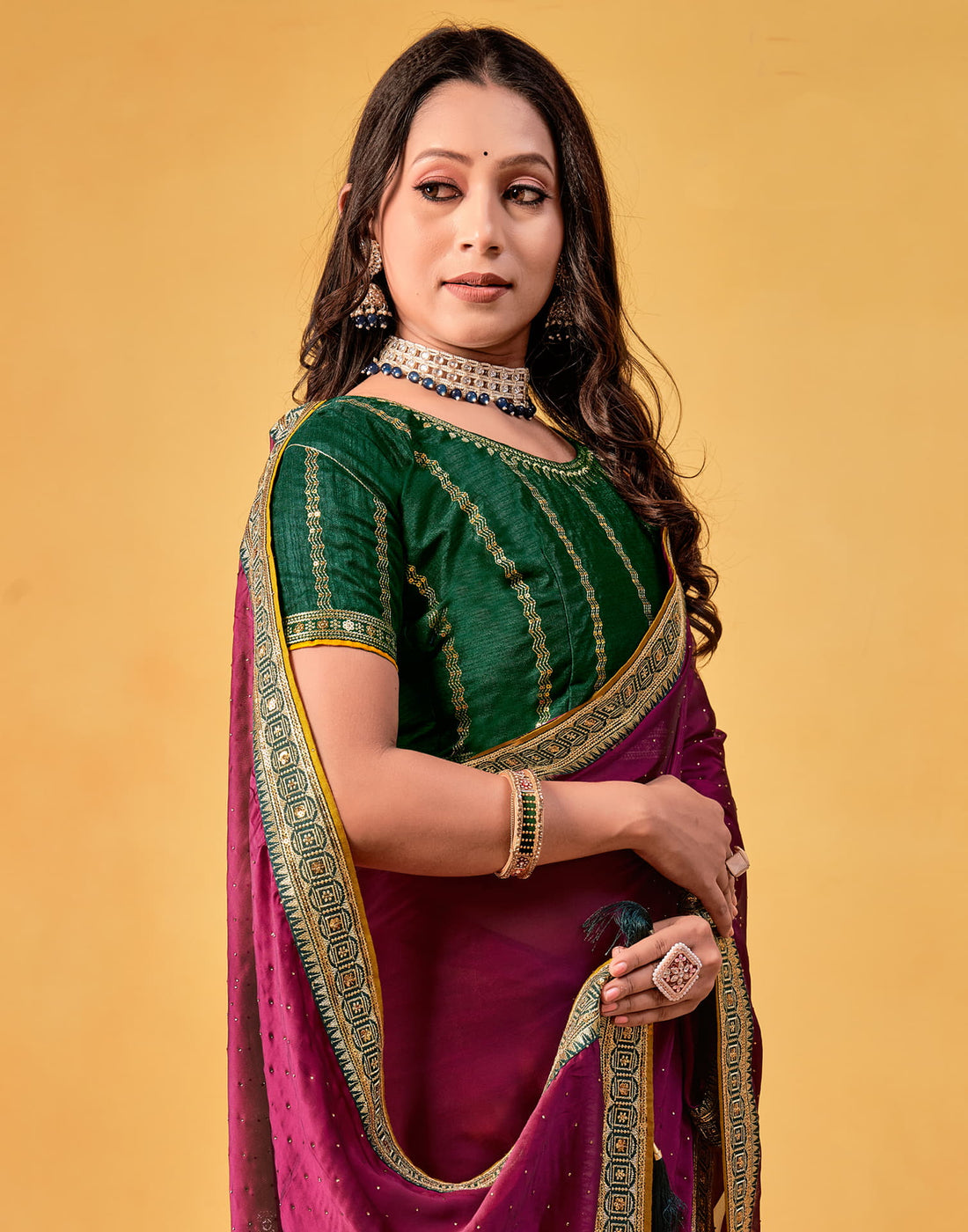 Dark Magenta Silk Stone Work Embellished Saree