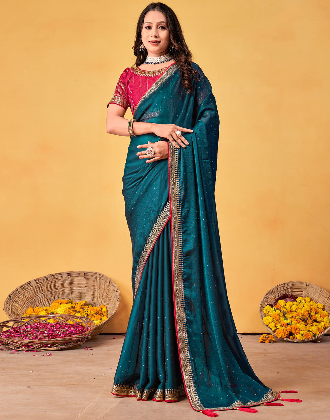 Rama Blue Silk Stone Work Embellished Saree