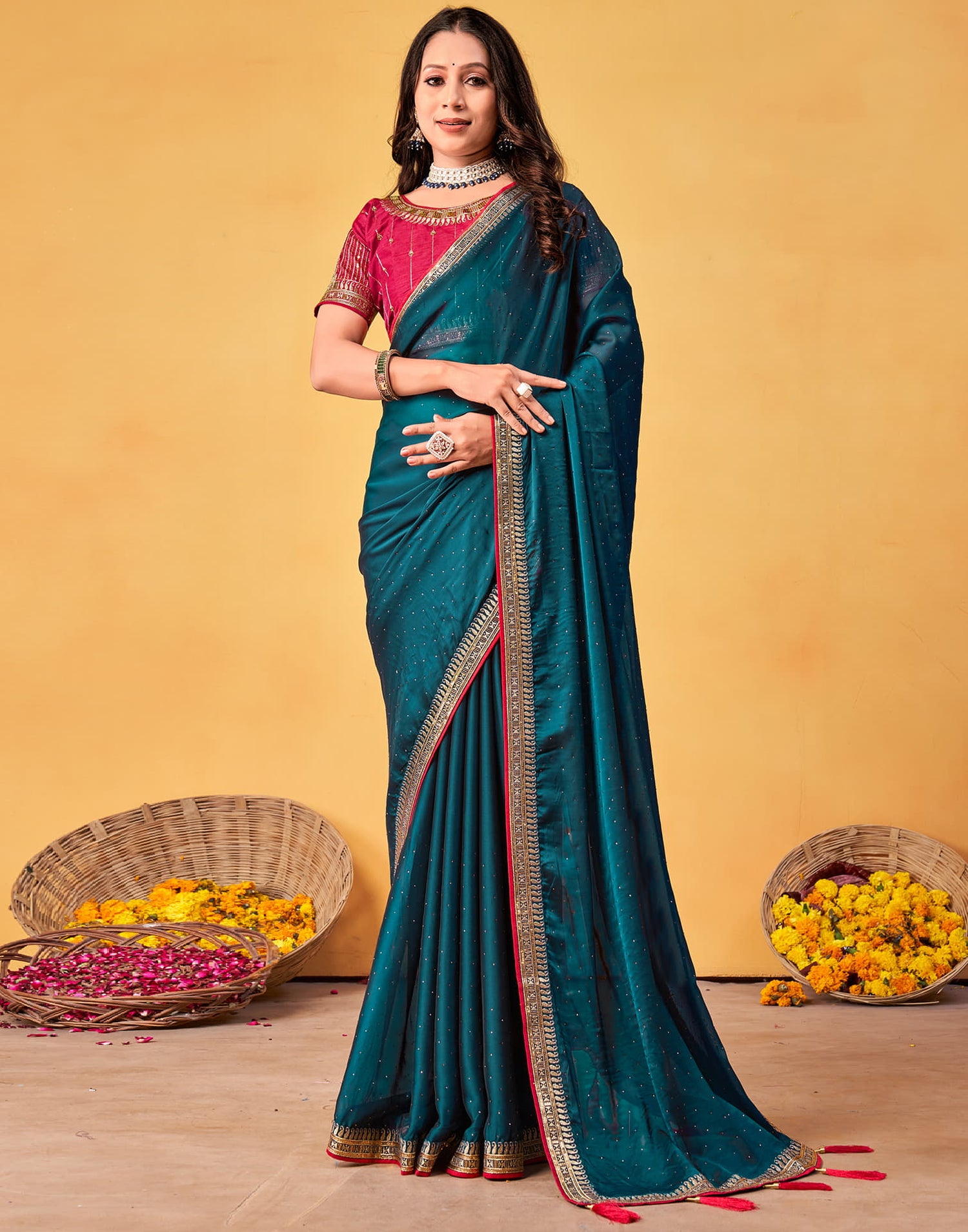 Rama Blue Silk Stone Work Embellished Saree