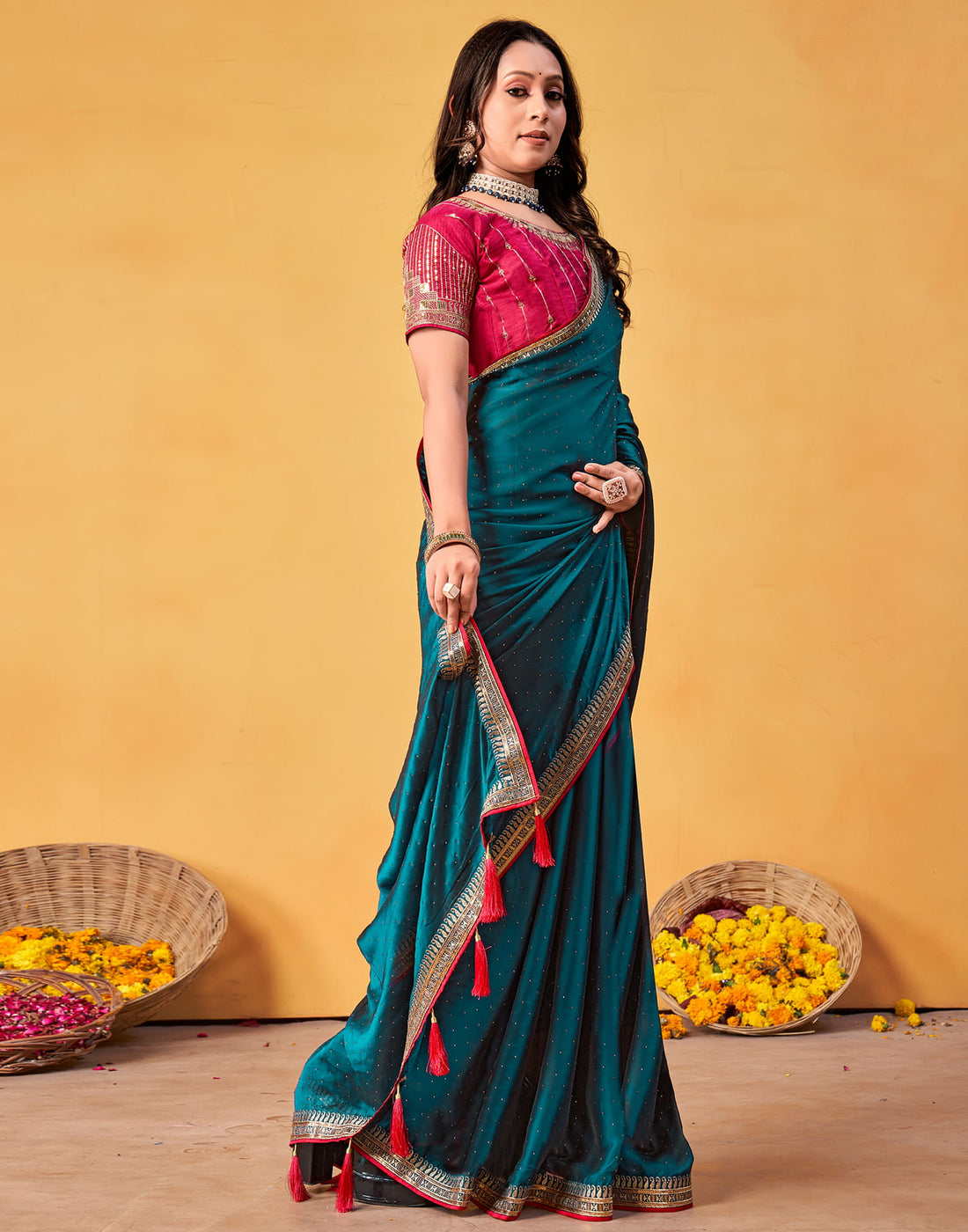 Rama Blue Silk Stone Work Embellished Saree