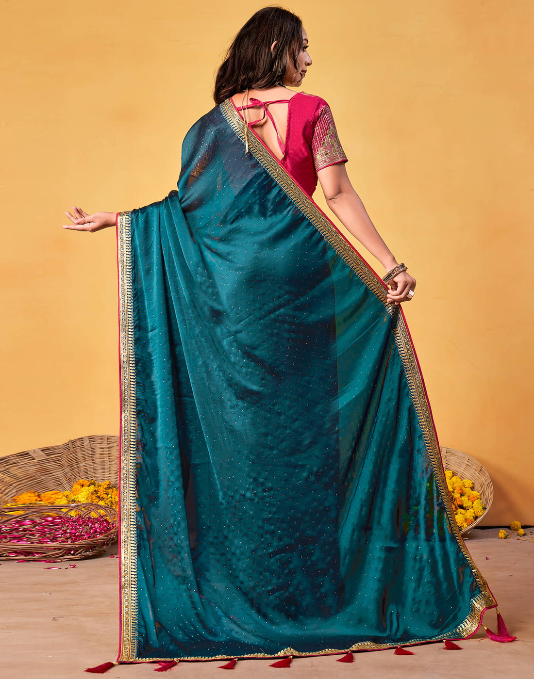 Rama Blue Silk Stone Work Embellished Saree