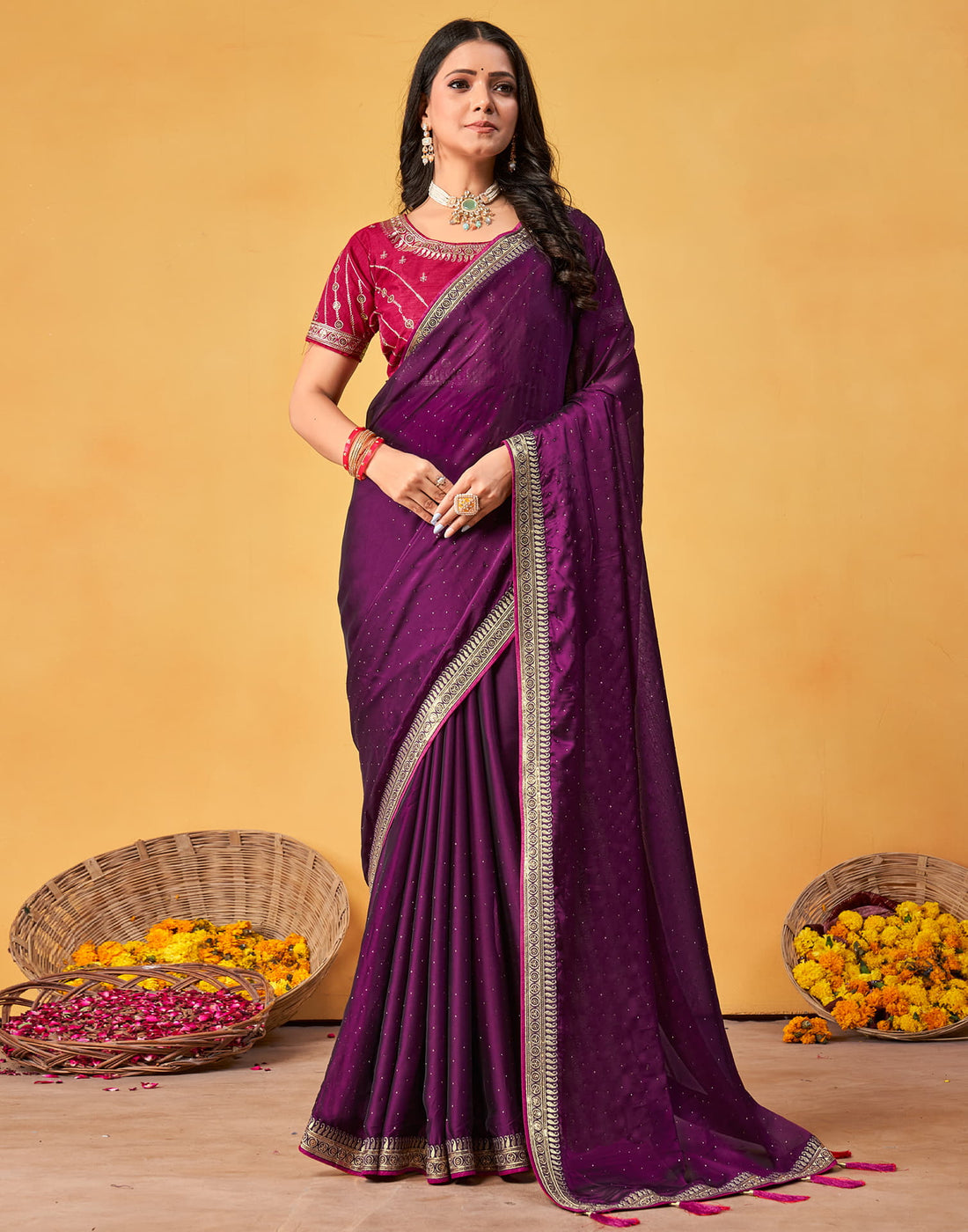 Purple Silk Stone Work Embellished Saree