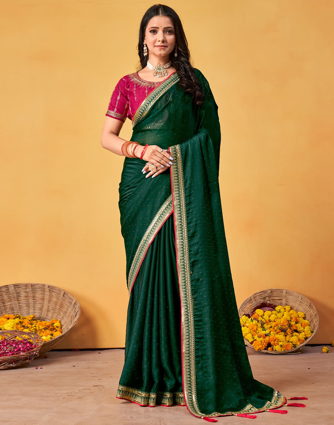 Dark Green Silk Stone Work Embellished Saree