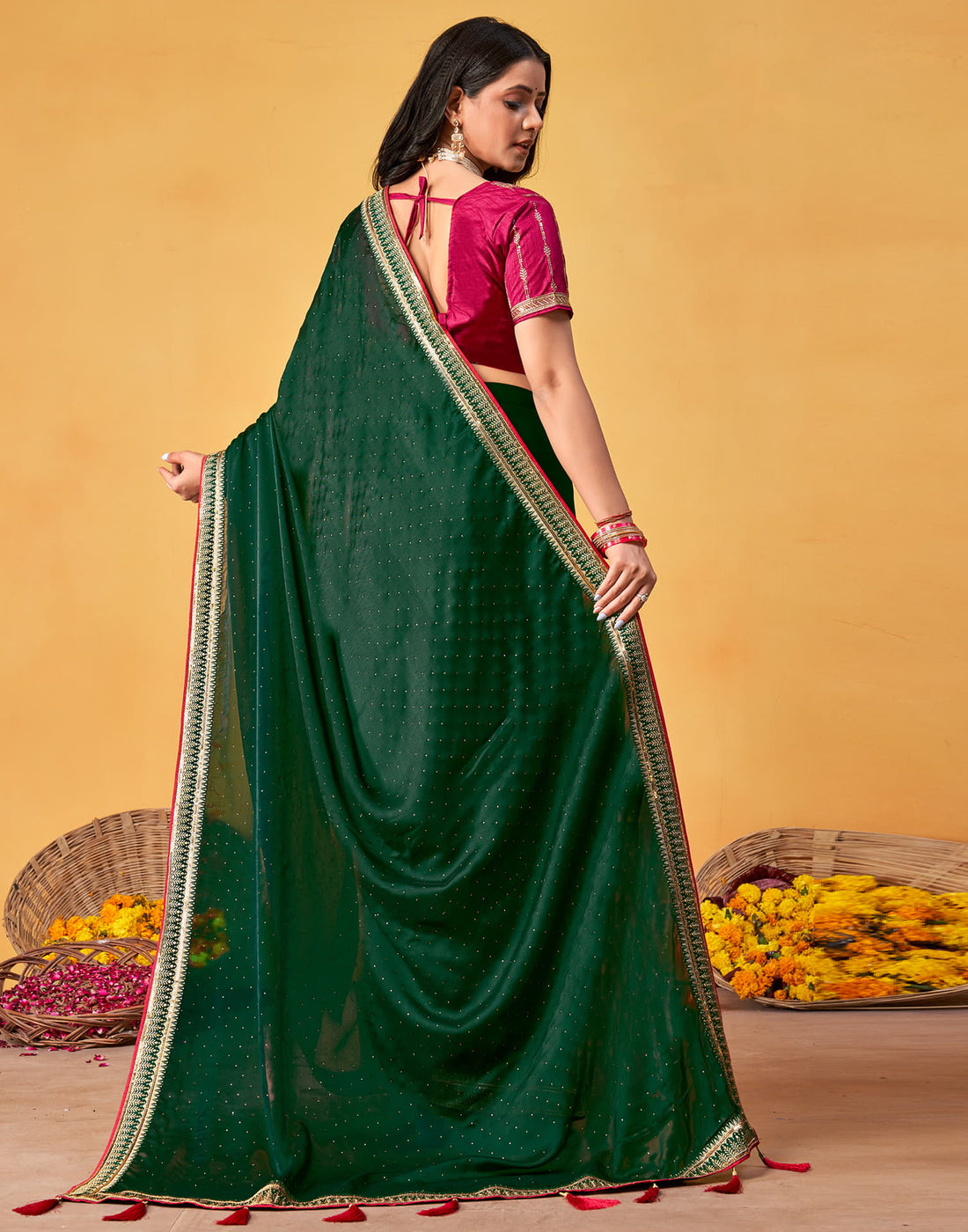 Dark Green Silk Stone Work Embellished Saree