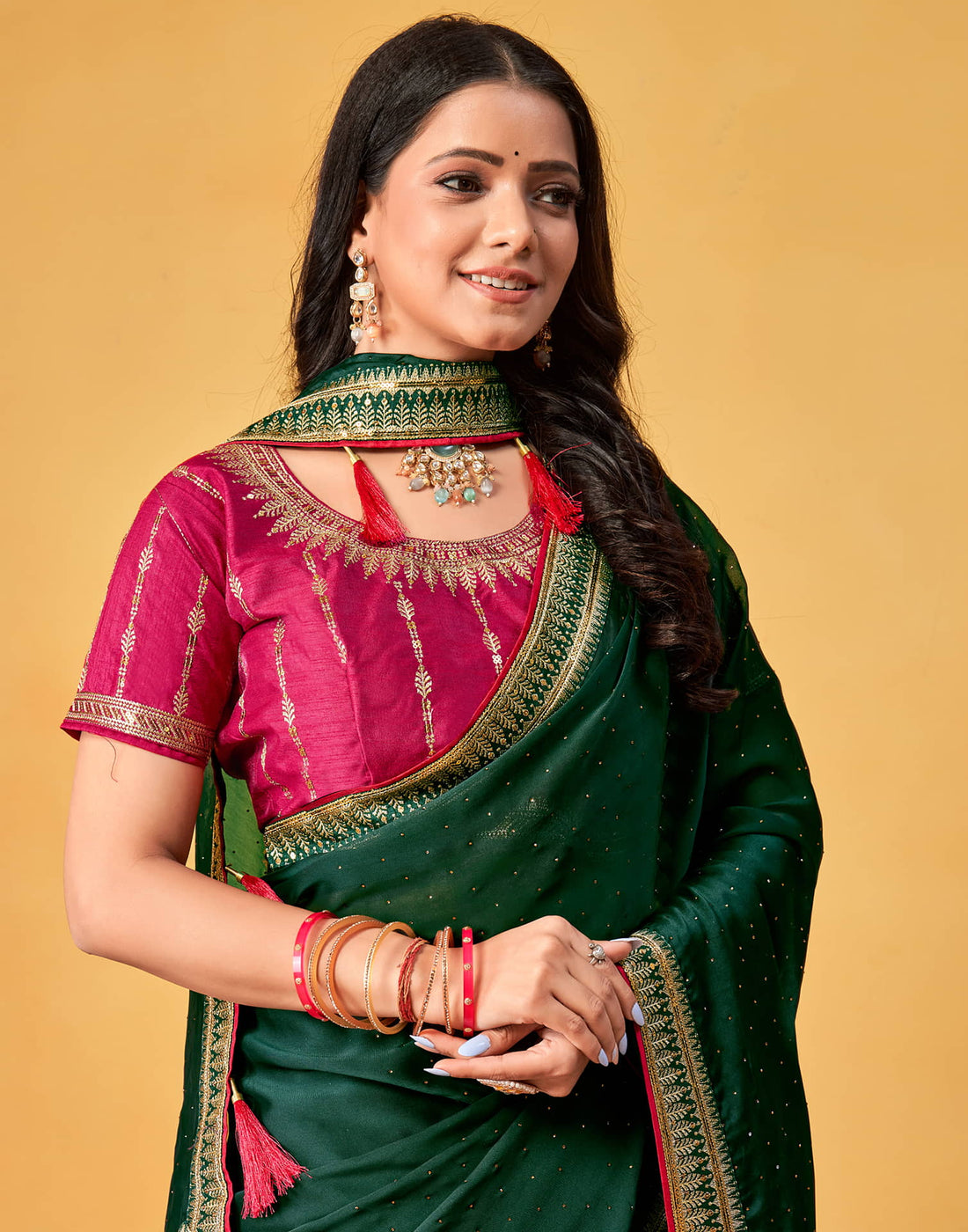 Dark Green Silk Stone Work Embellished Saree