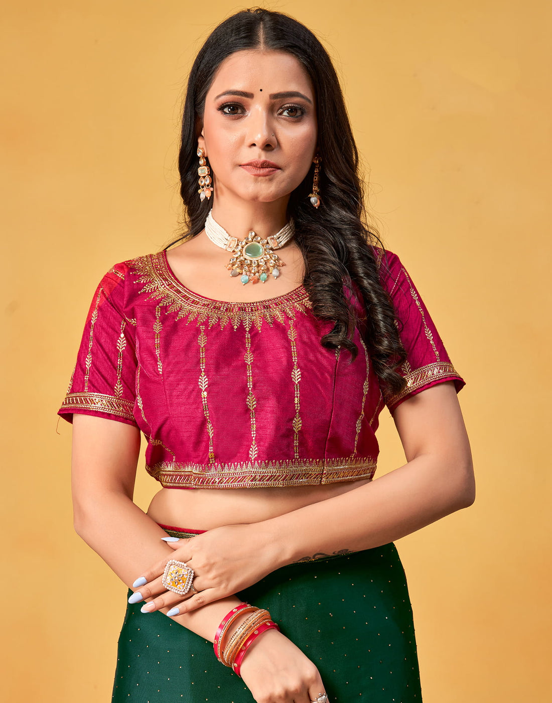 Dark Green Silk Stone Work Embellished Saree