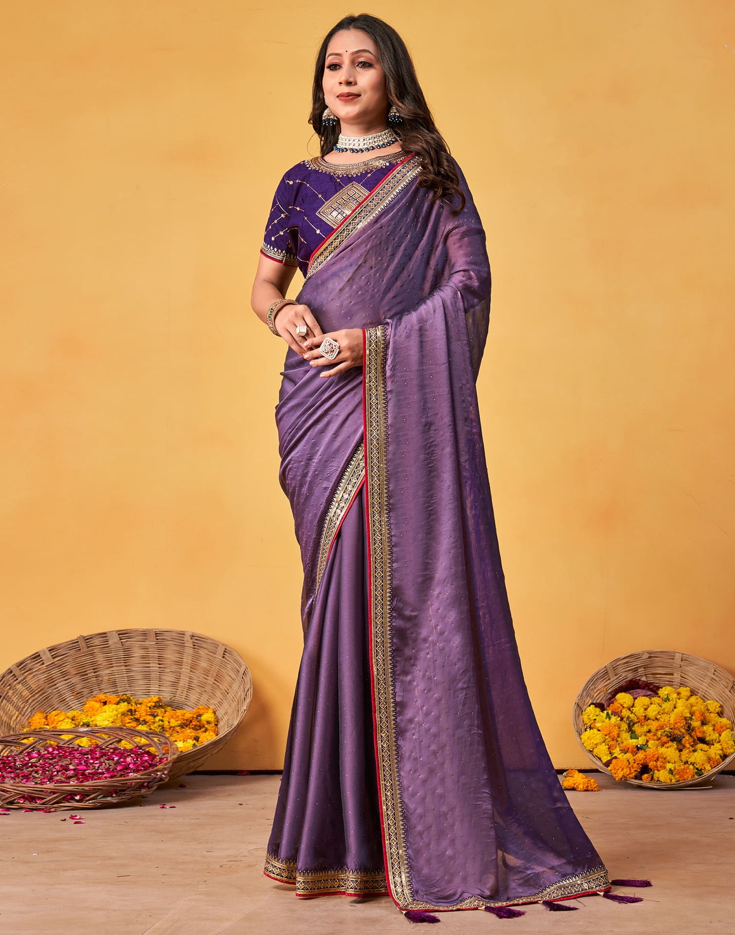 Light Purple Silk Stone Work Embellished Saree