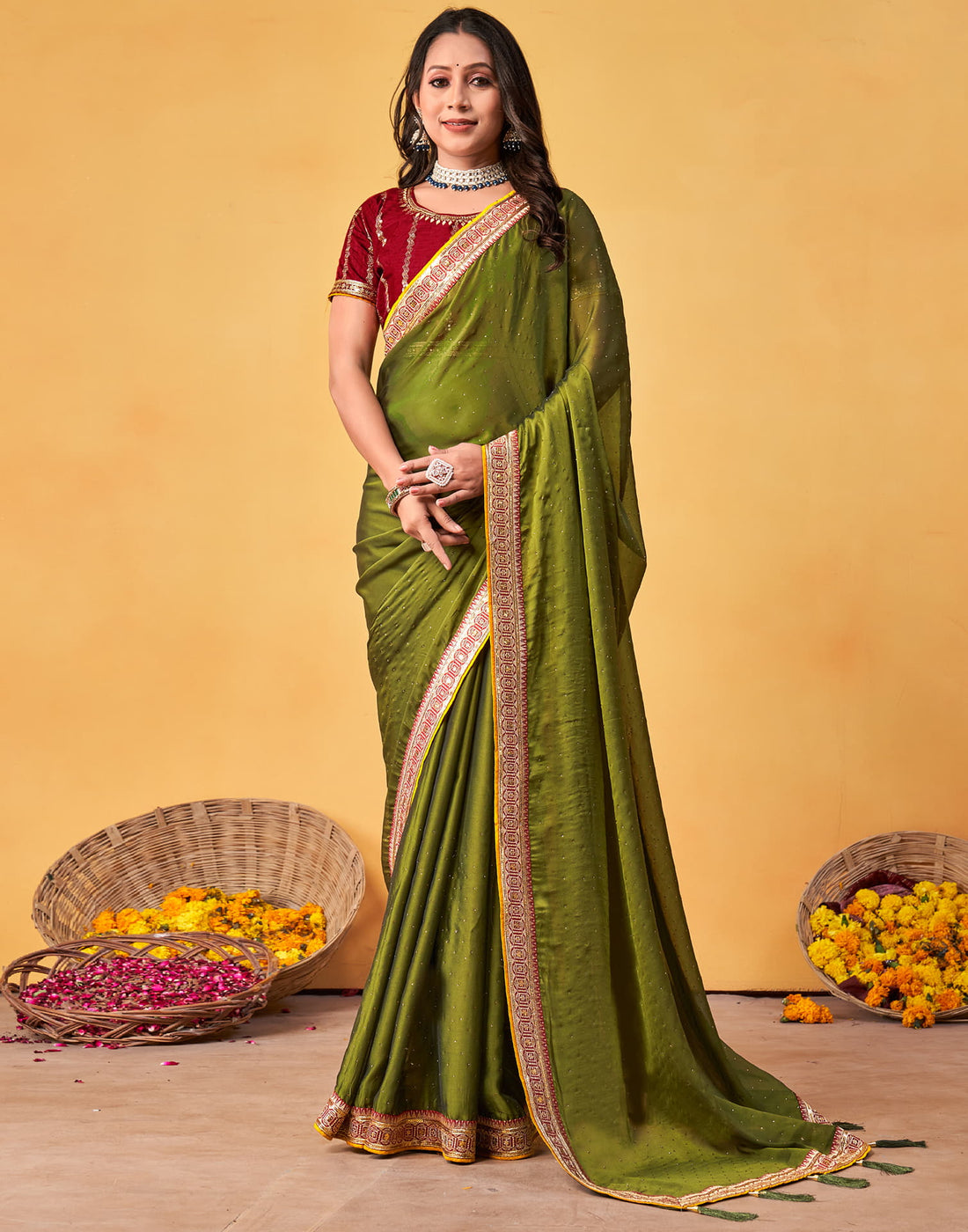 Olive Green Silk Stone Work Embellished Saree