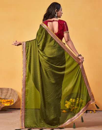 Olive Green Silk Stone Work Embellished Saree