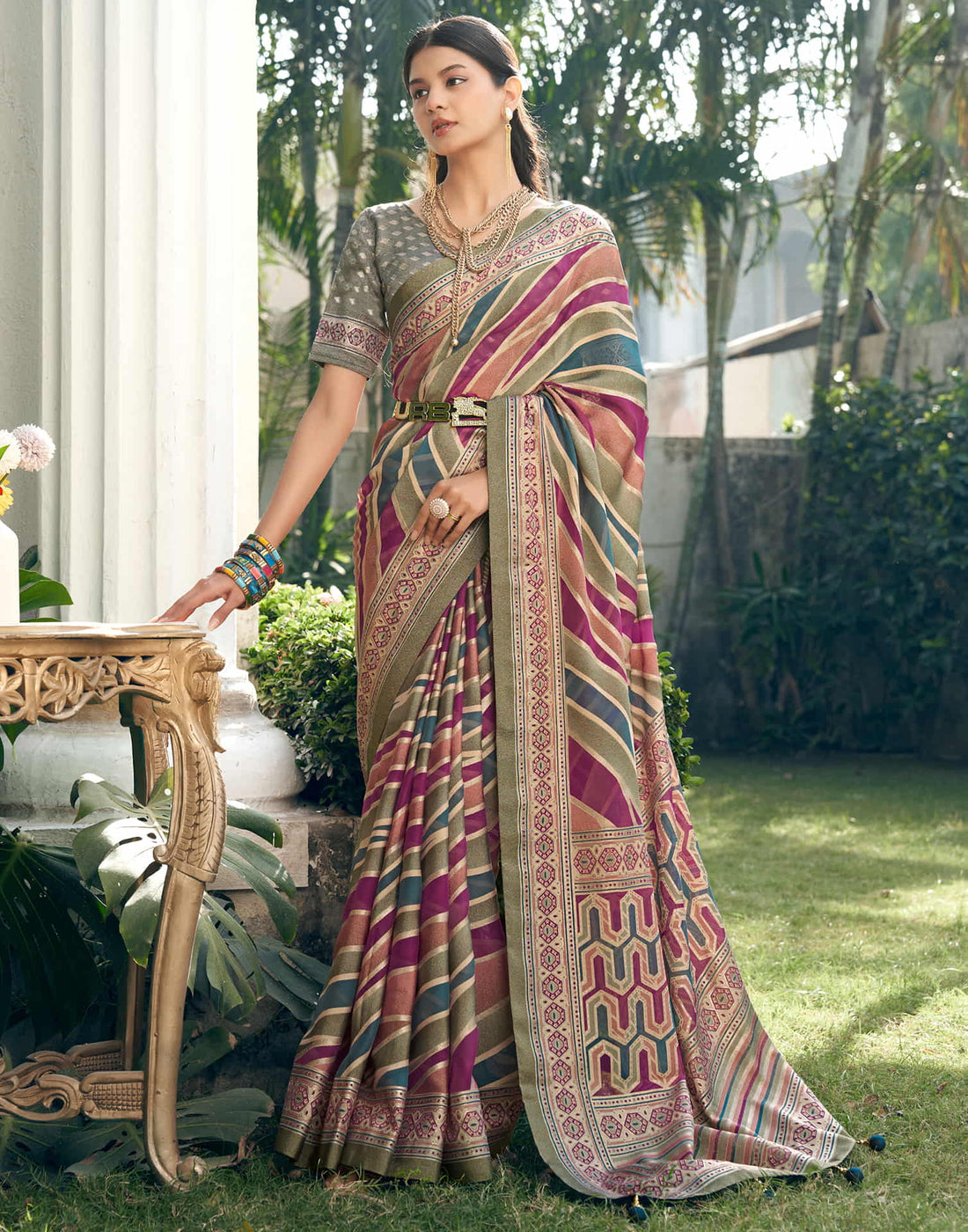 Army Green Georgette Laheriya Printed Saree
