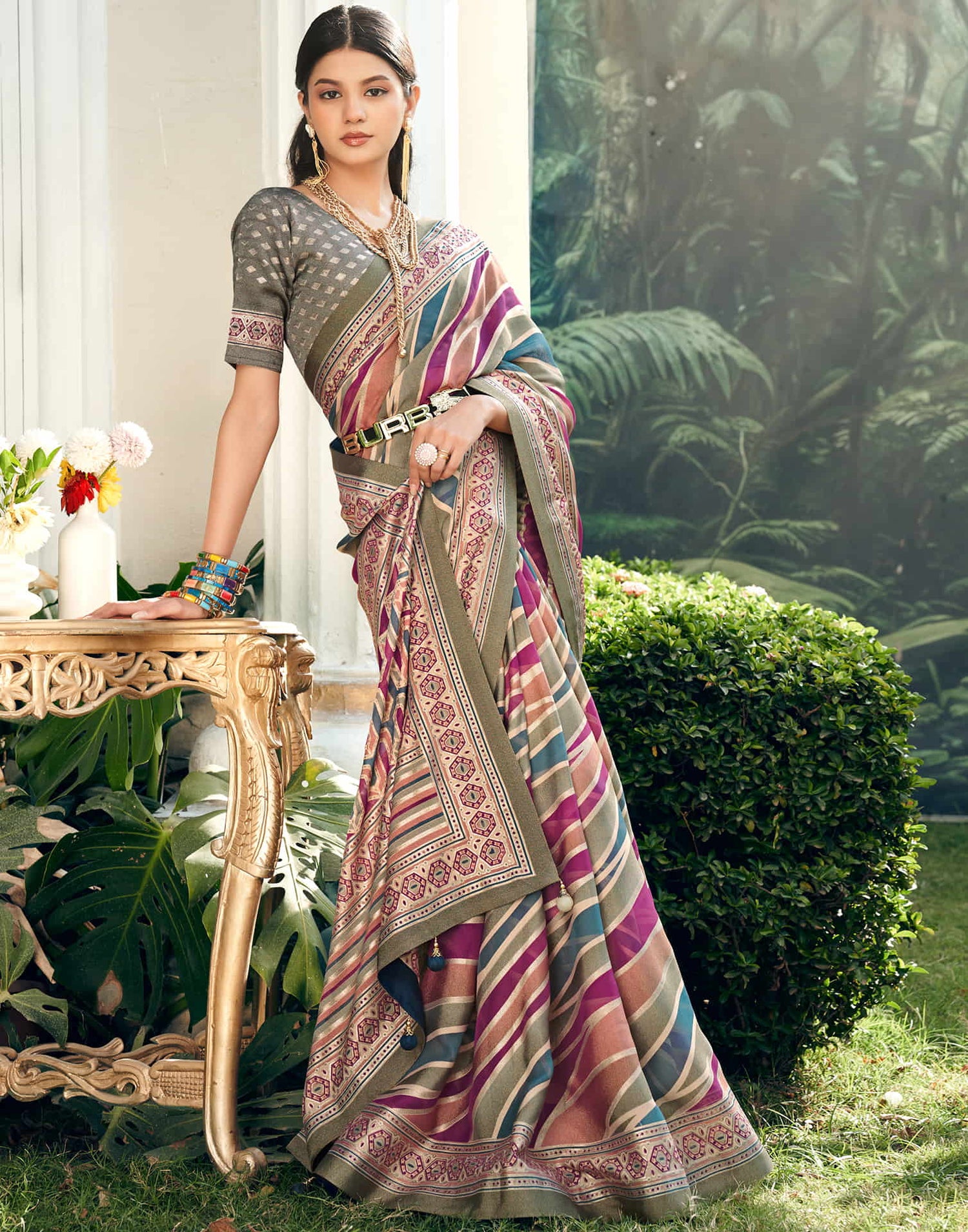 Army Green Georgette Laheriya Printed Saree