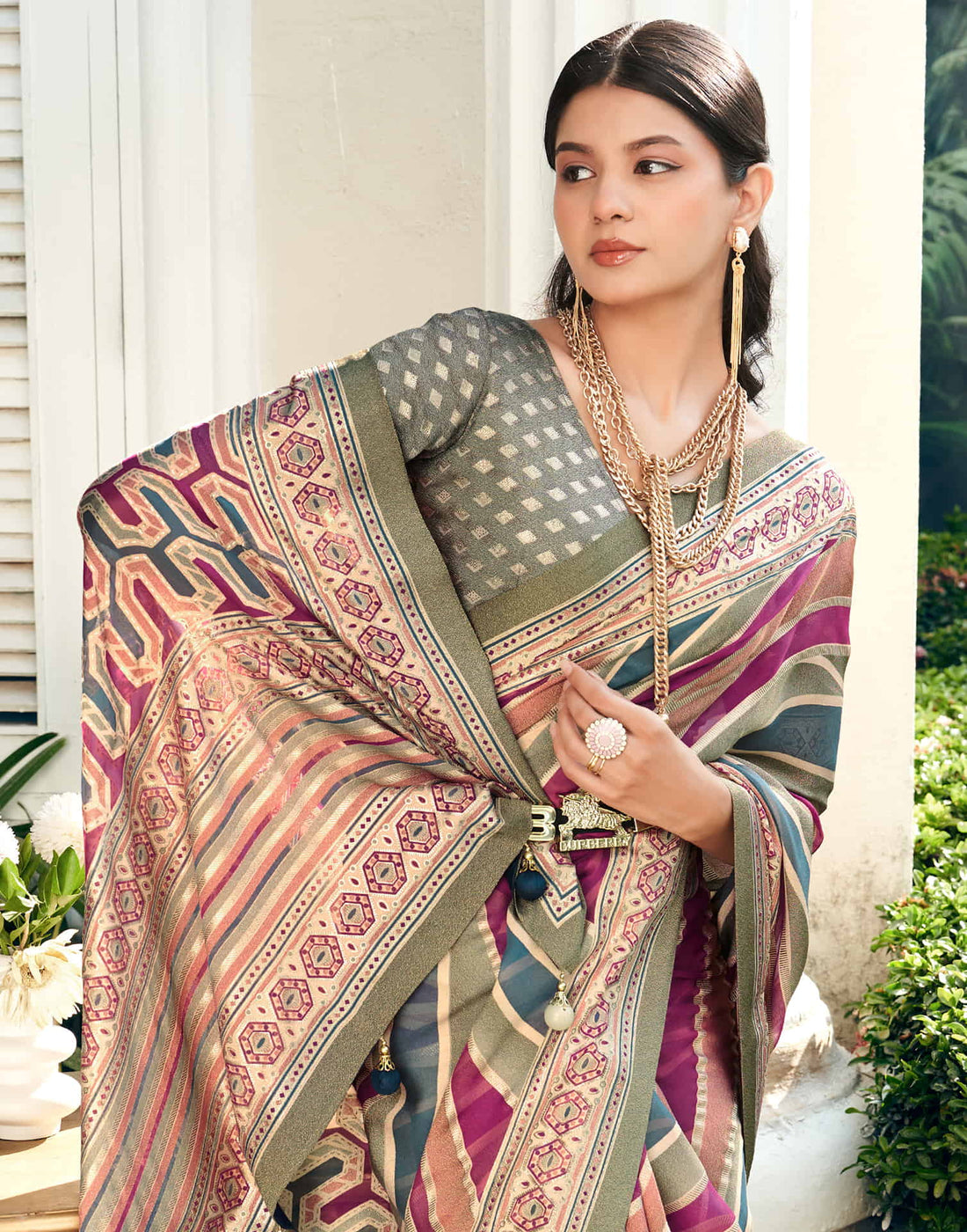 Army Green Georgette Laheriya Printed Saree