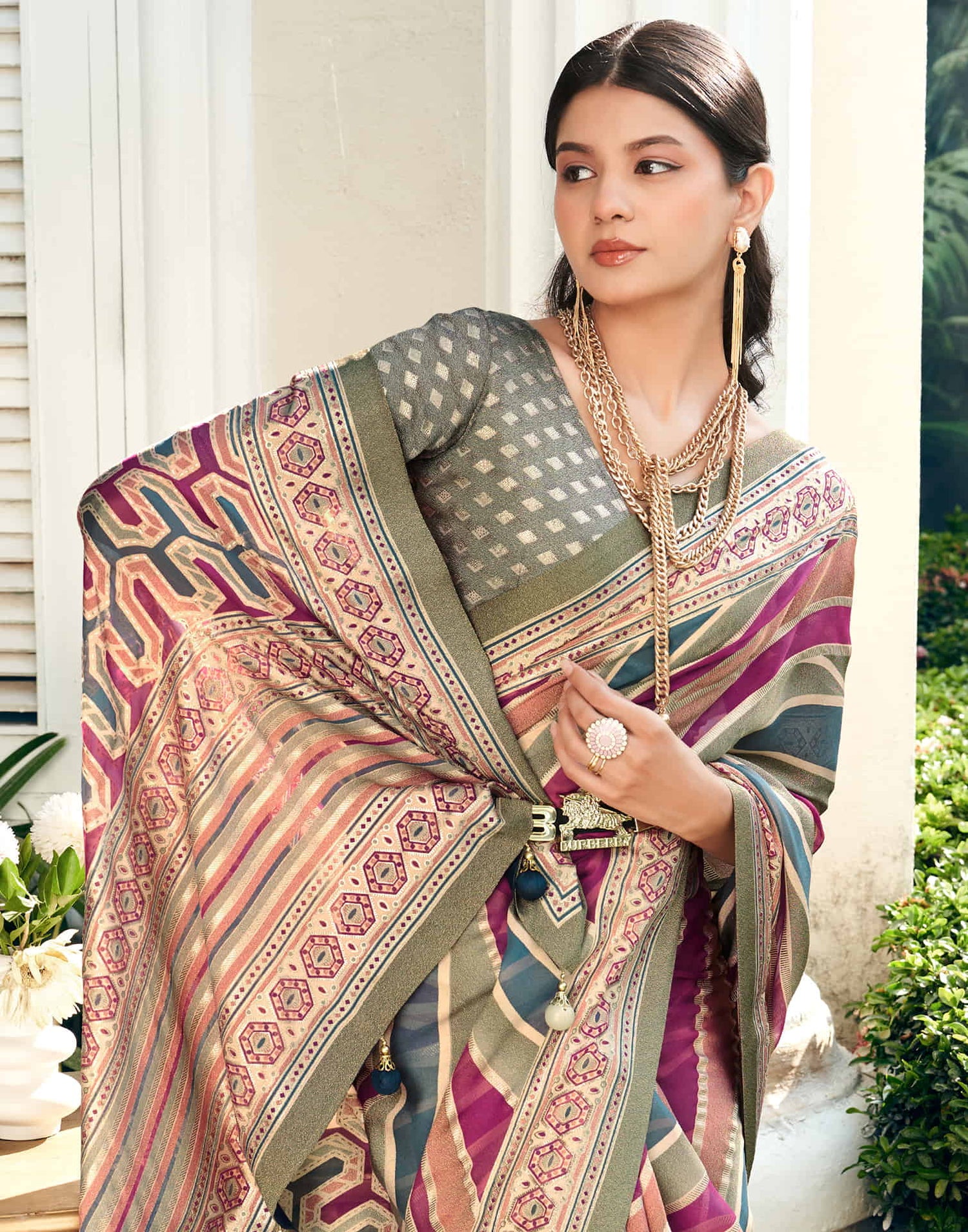 Army Green Georgette Laheriya Printed Saree