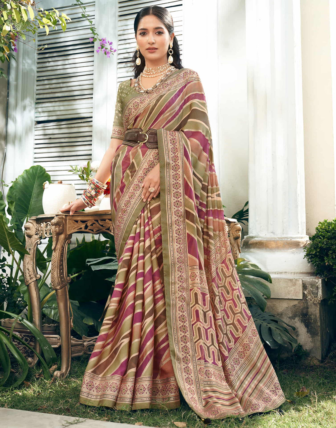 Olive Green Georgette Laheriya Printed Saree