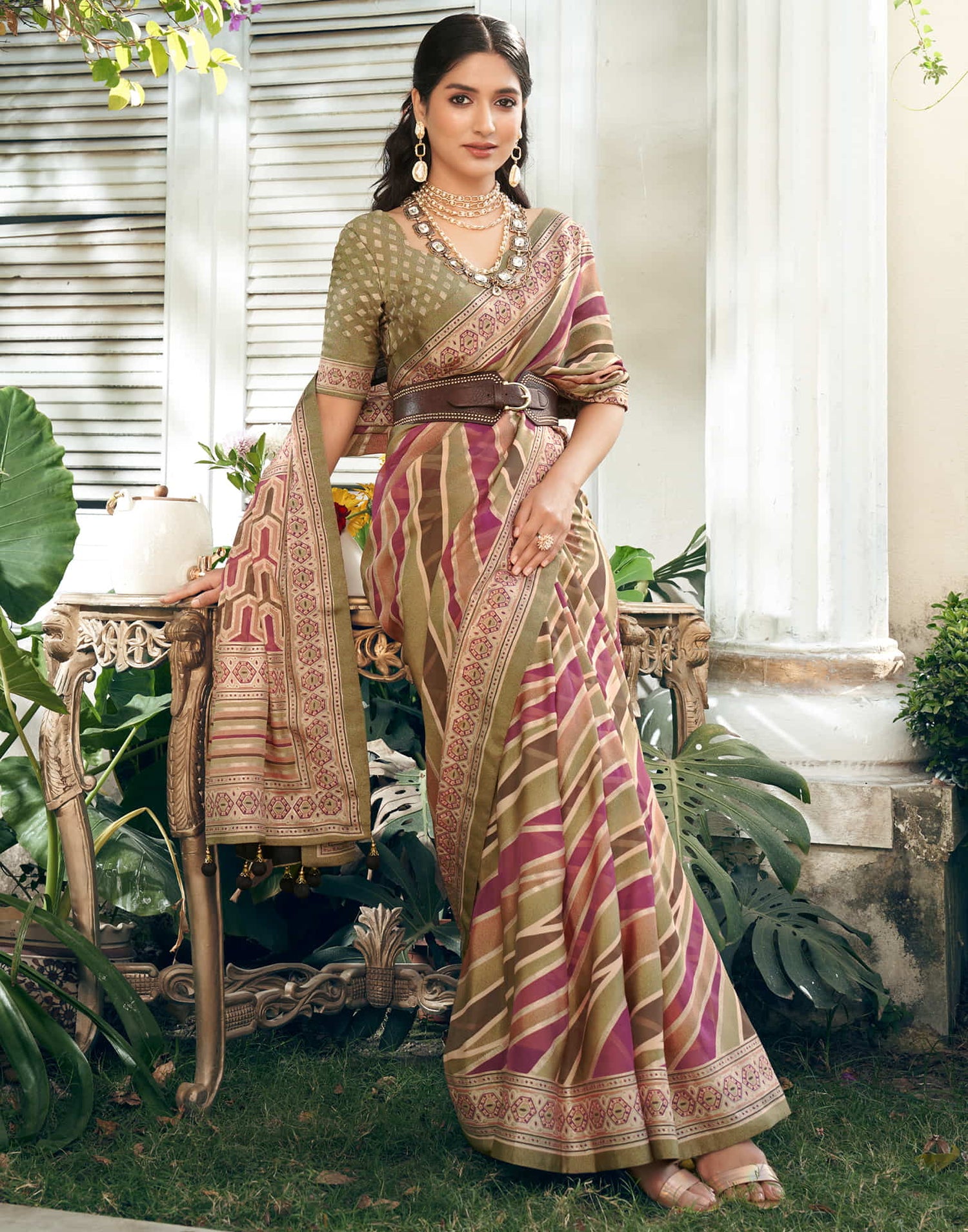 Olive Green Georgette Laheriya Printed Saree