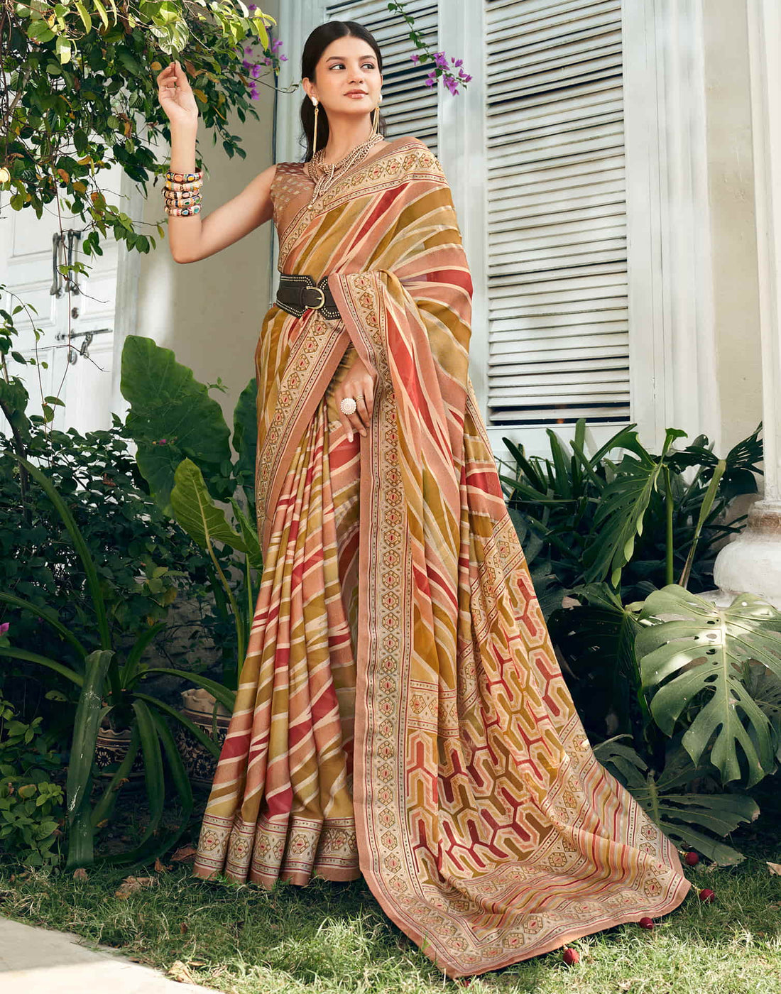 Brown Georgette Laheriya Printed Saree