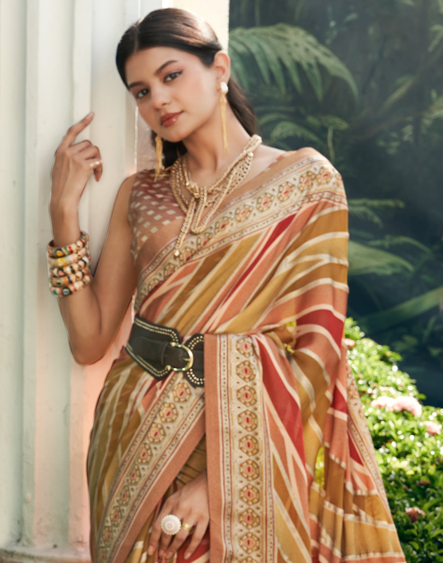 Brown Georgette Laheriya Printed Saree