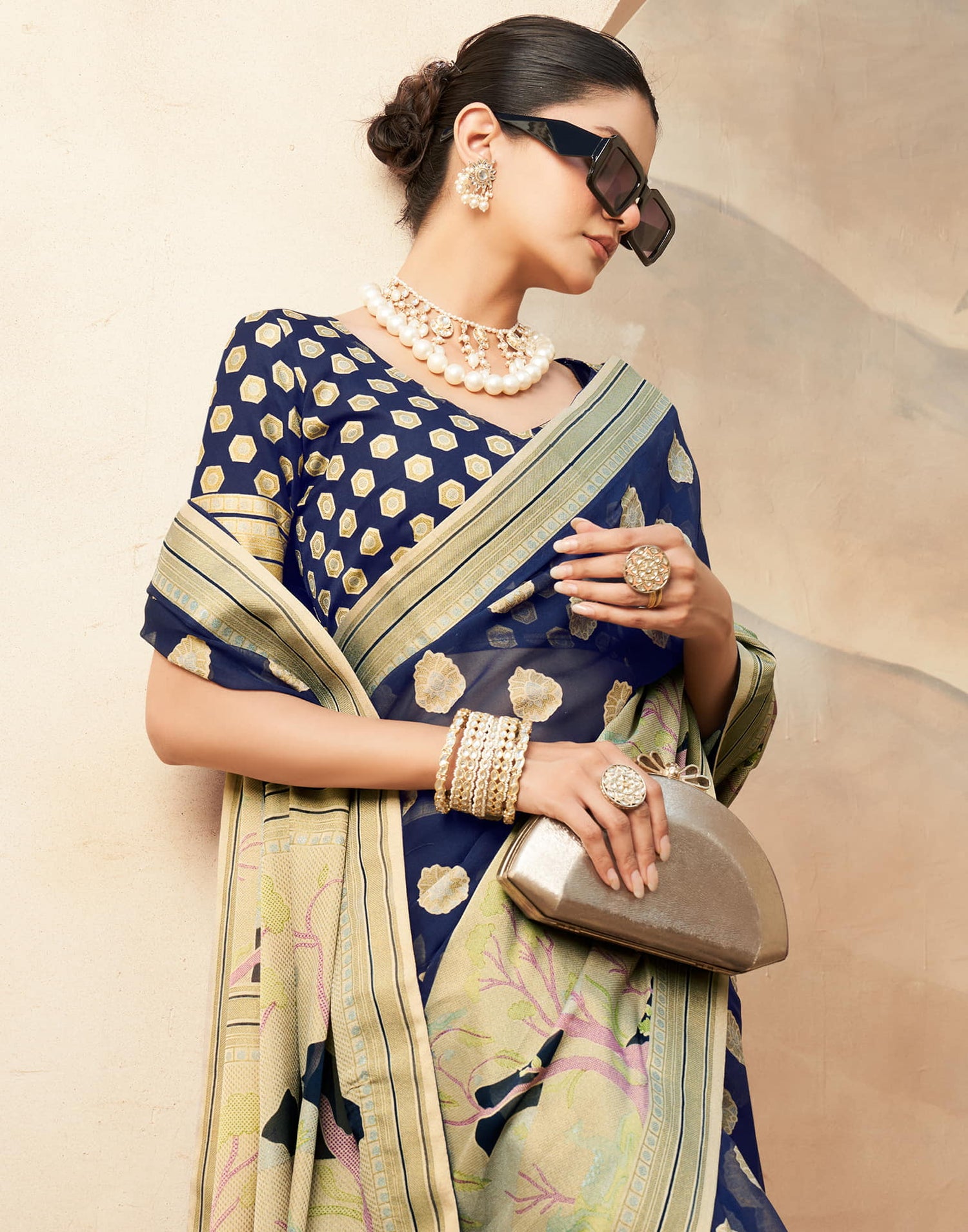 Navy Blue Georgette Weaving Saree