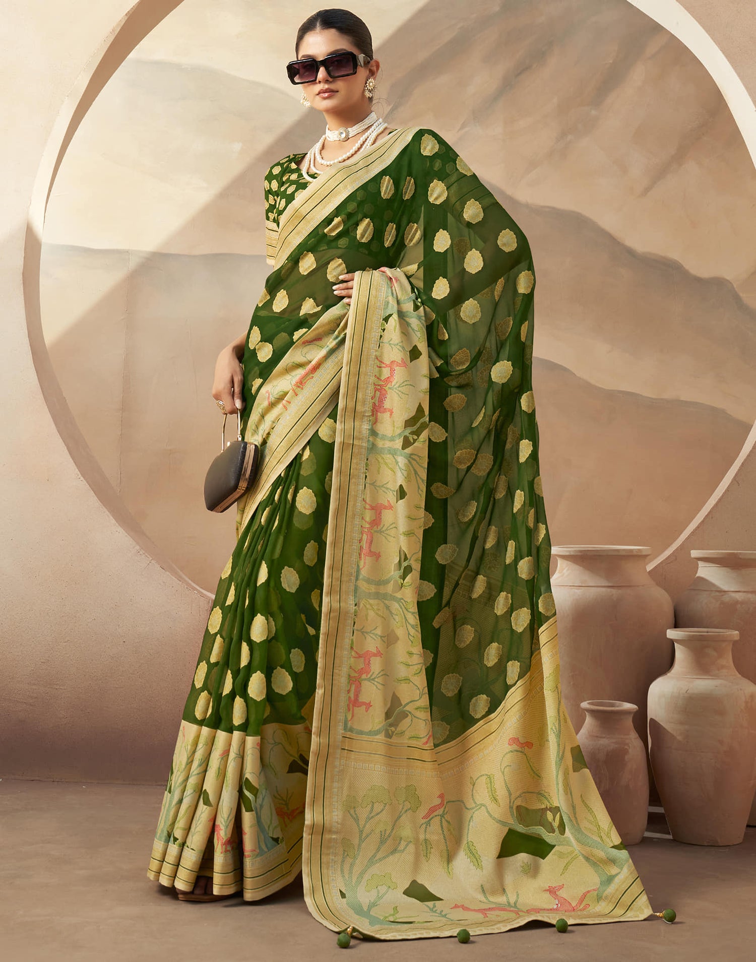 Olive Green Georgette Weaving Saree