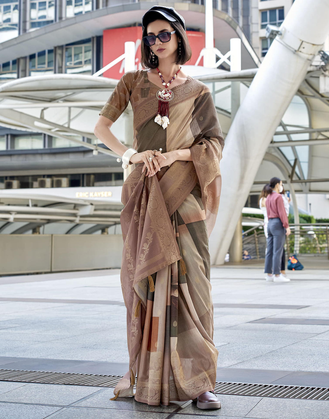 Beige Silk Printed Weaving Saree