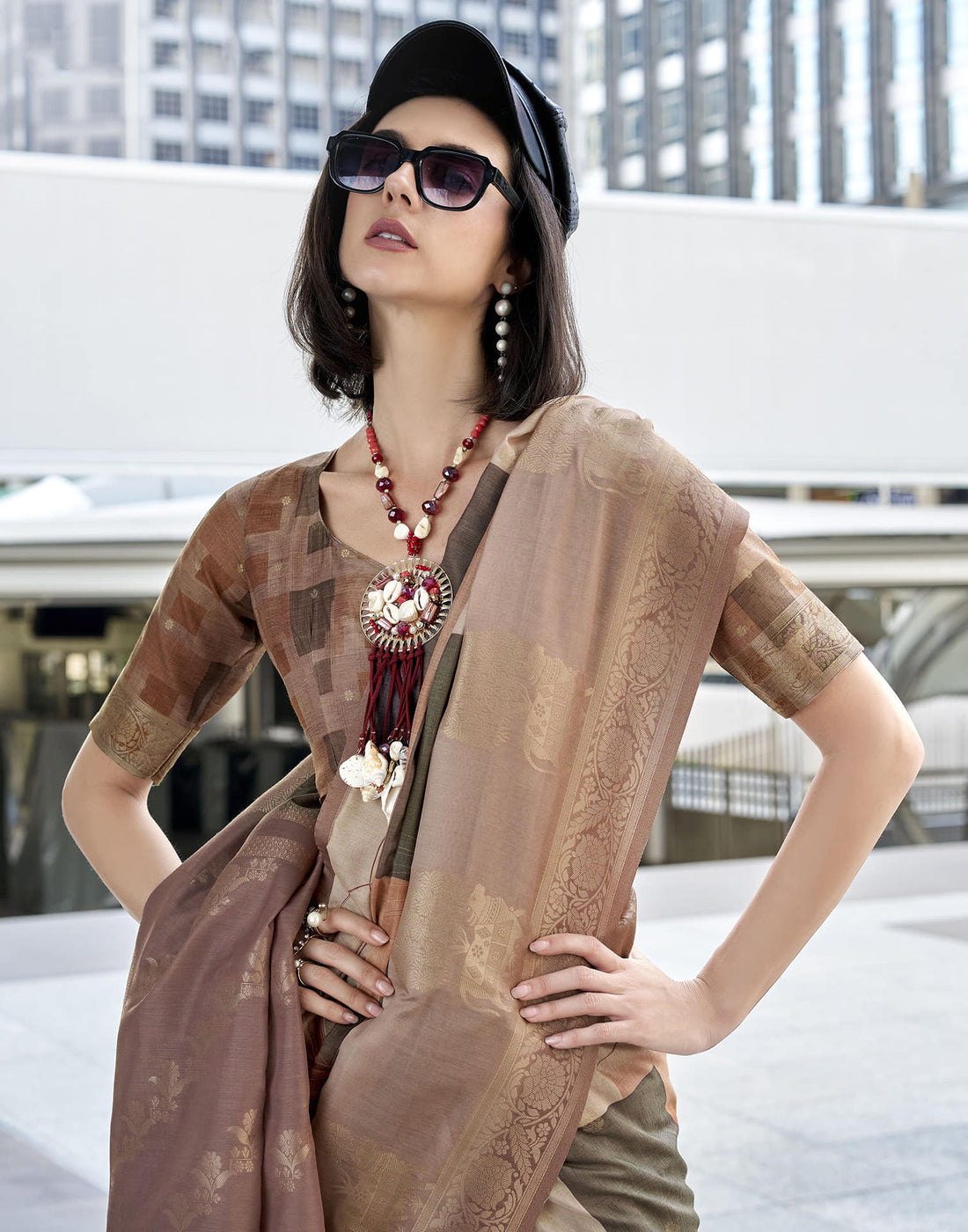 Beige Silk Printed Weaving Saree
