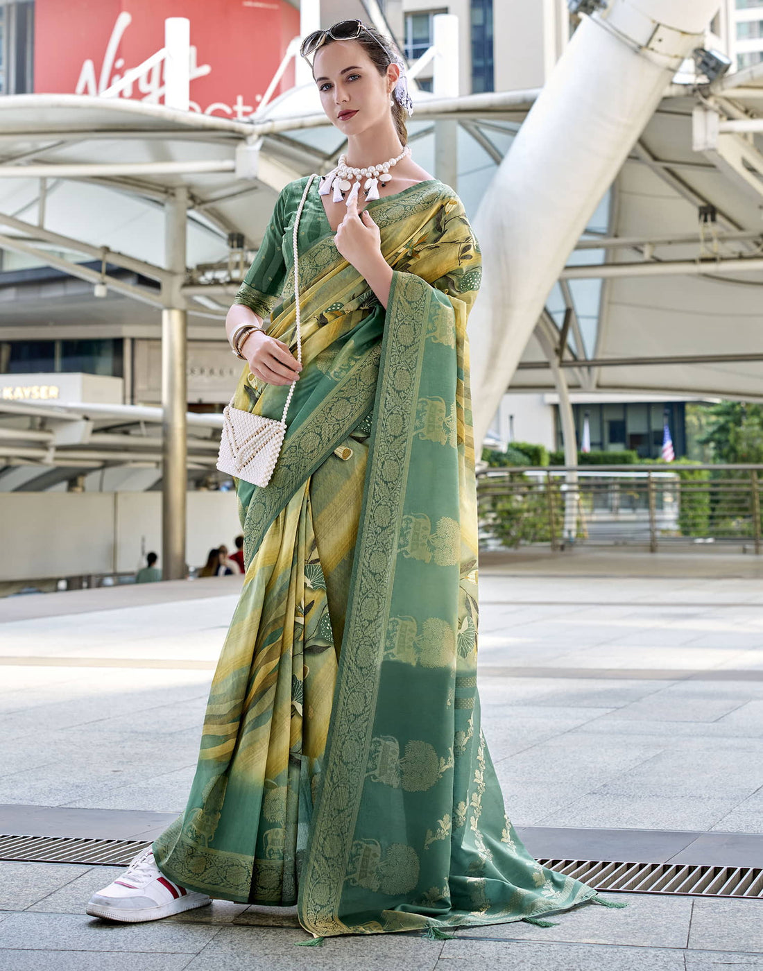 Teal Green Silk Printed Weaving Saree