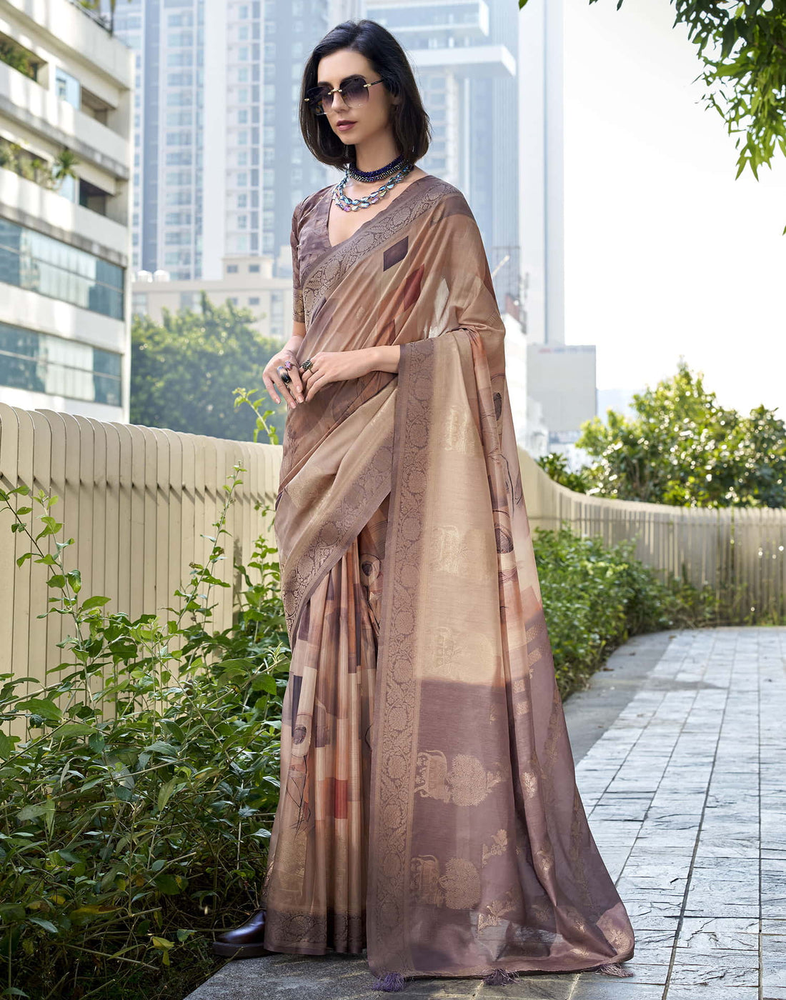 Dusty Wine Silk Printed Weaving Saree