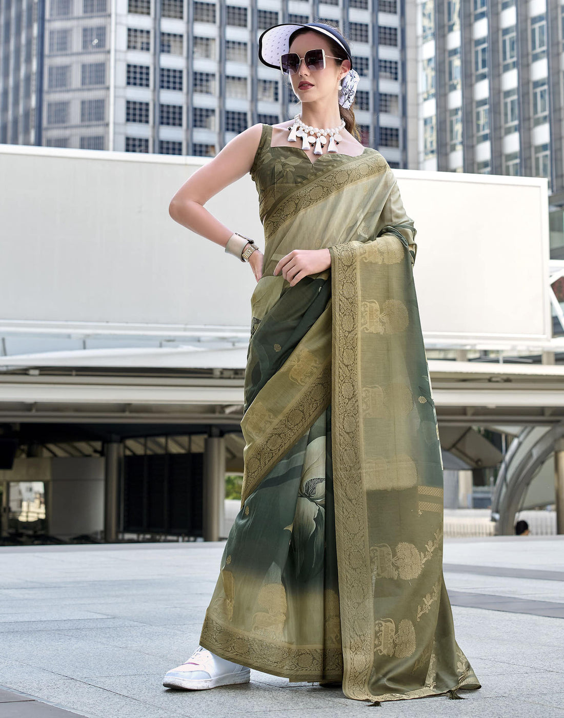 Olive Green Silk Printed Weaving Saree