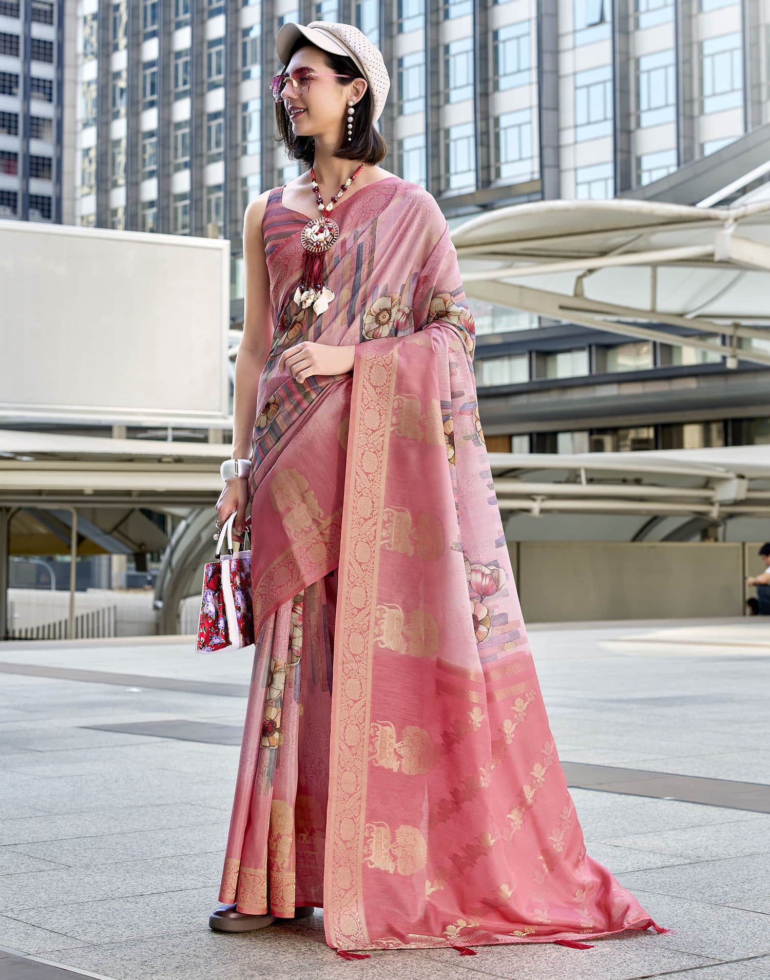 Pink Silk Printed Weaving Saree