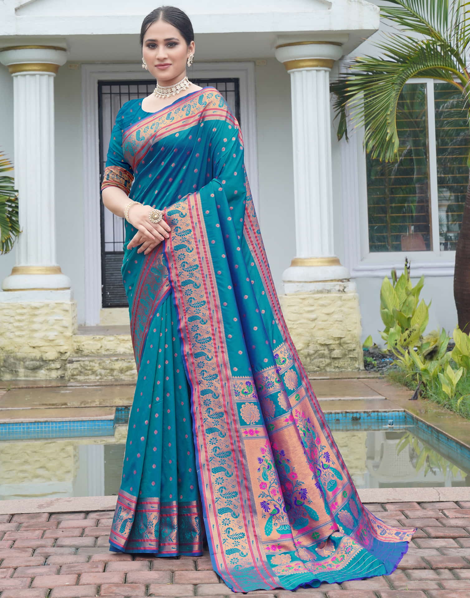 Rama Blue Silk Weaving Paithani Saree