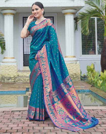 Rama Blue Silk Weaving Paithani Saree