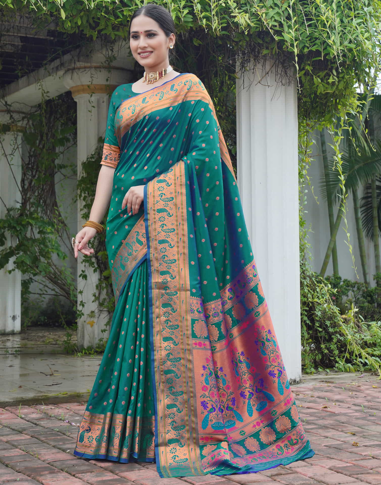 Teal Green Silk Weaving Paithani Saree