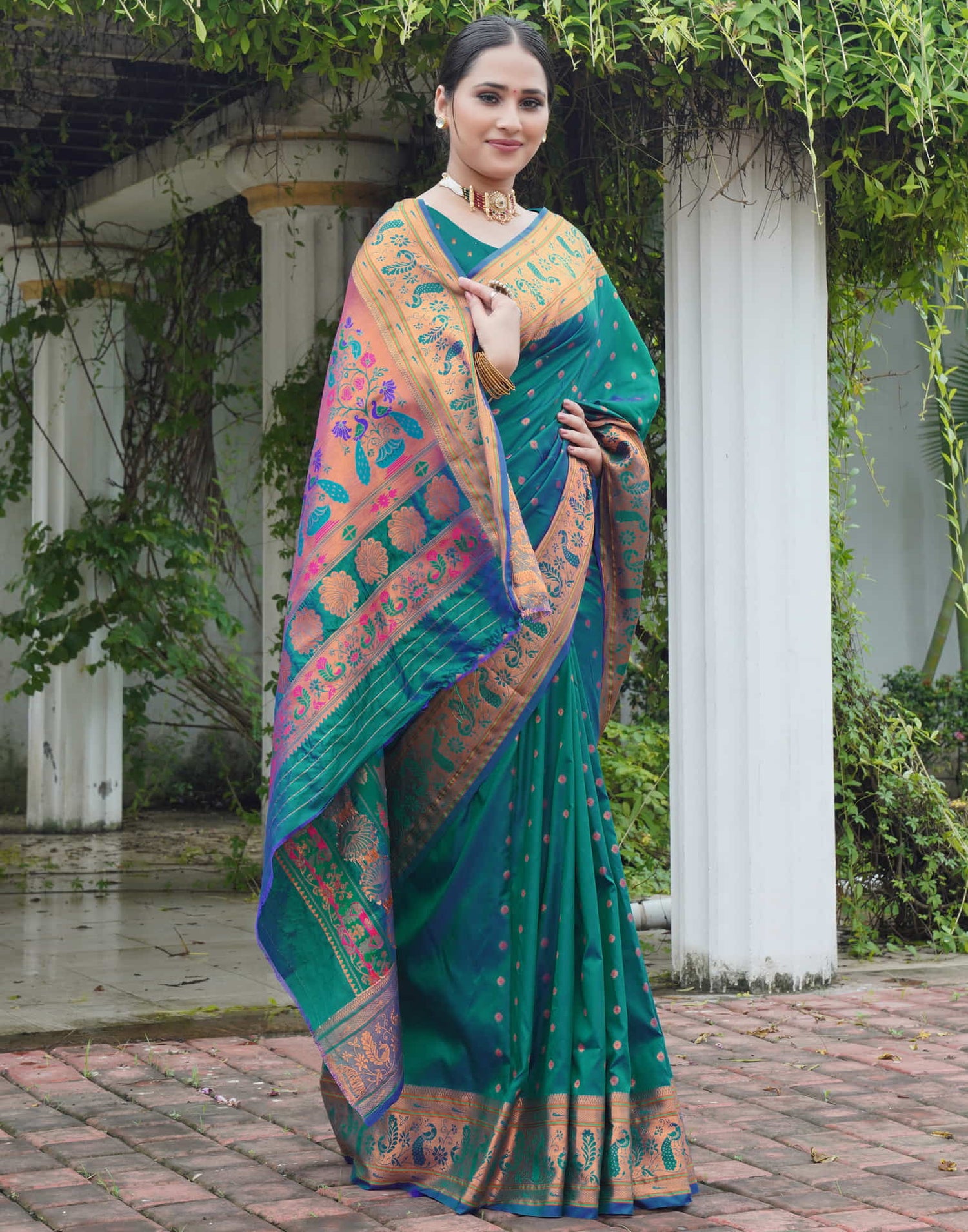 Teal Green Silk Weaving Paithani Saree