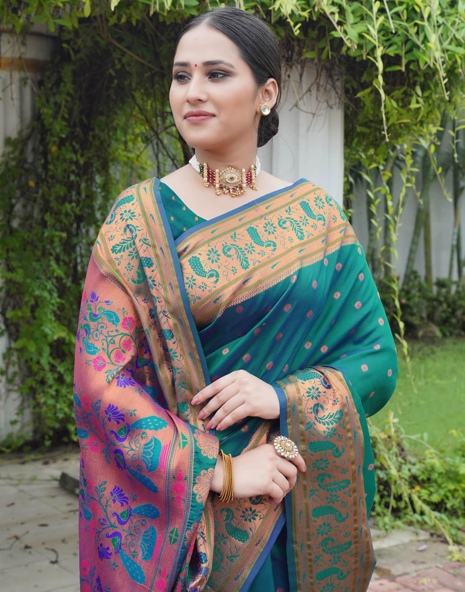 Teal Green Silk Weaving Paithani Saree