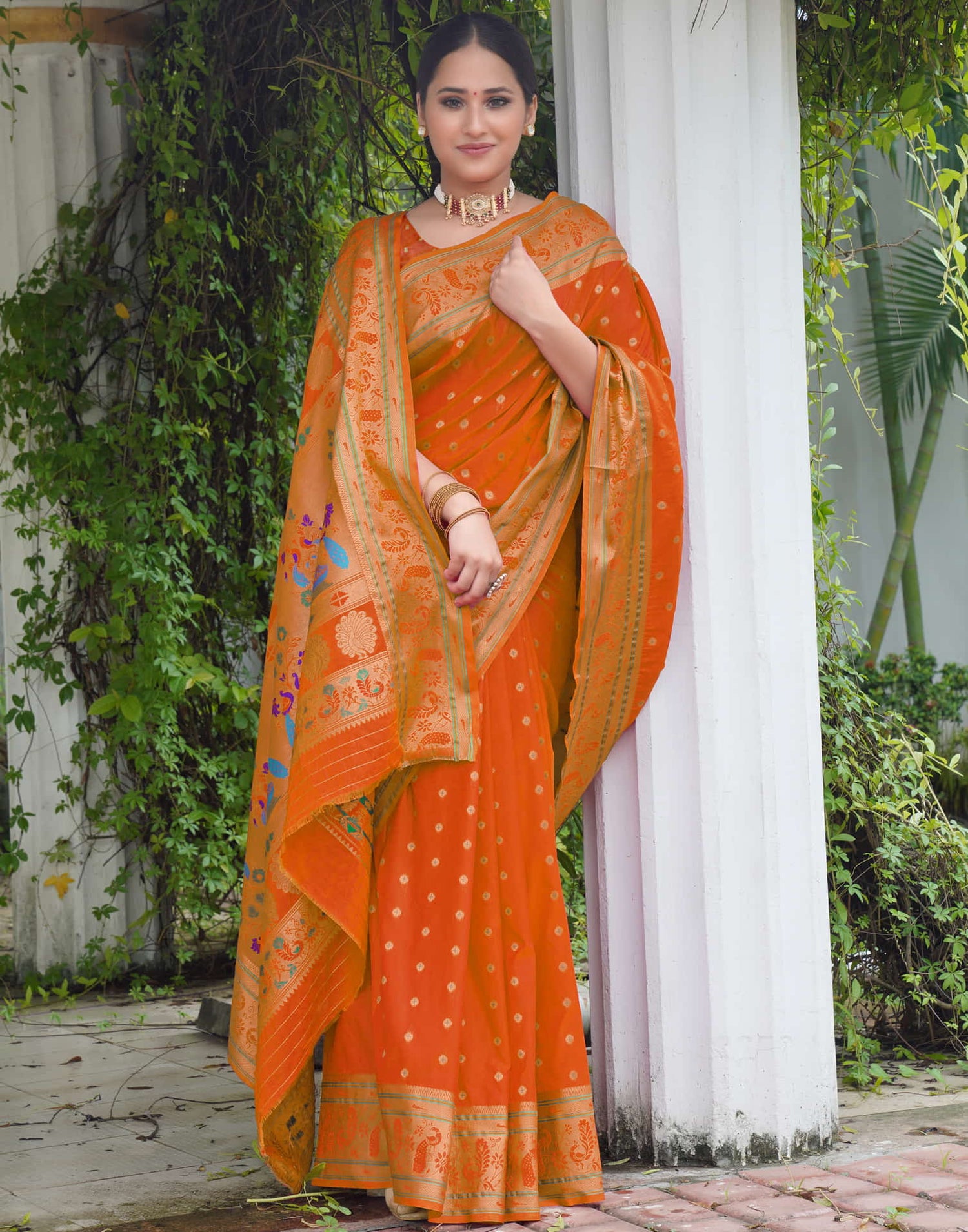 Orange Silk Weaving Paithani Saree