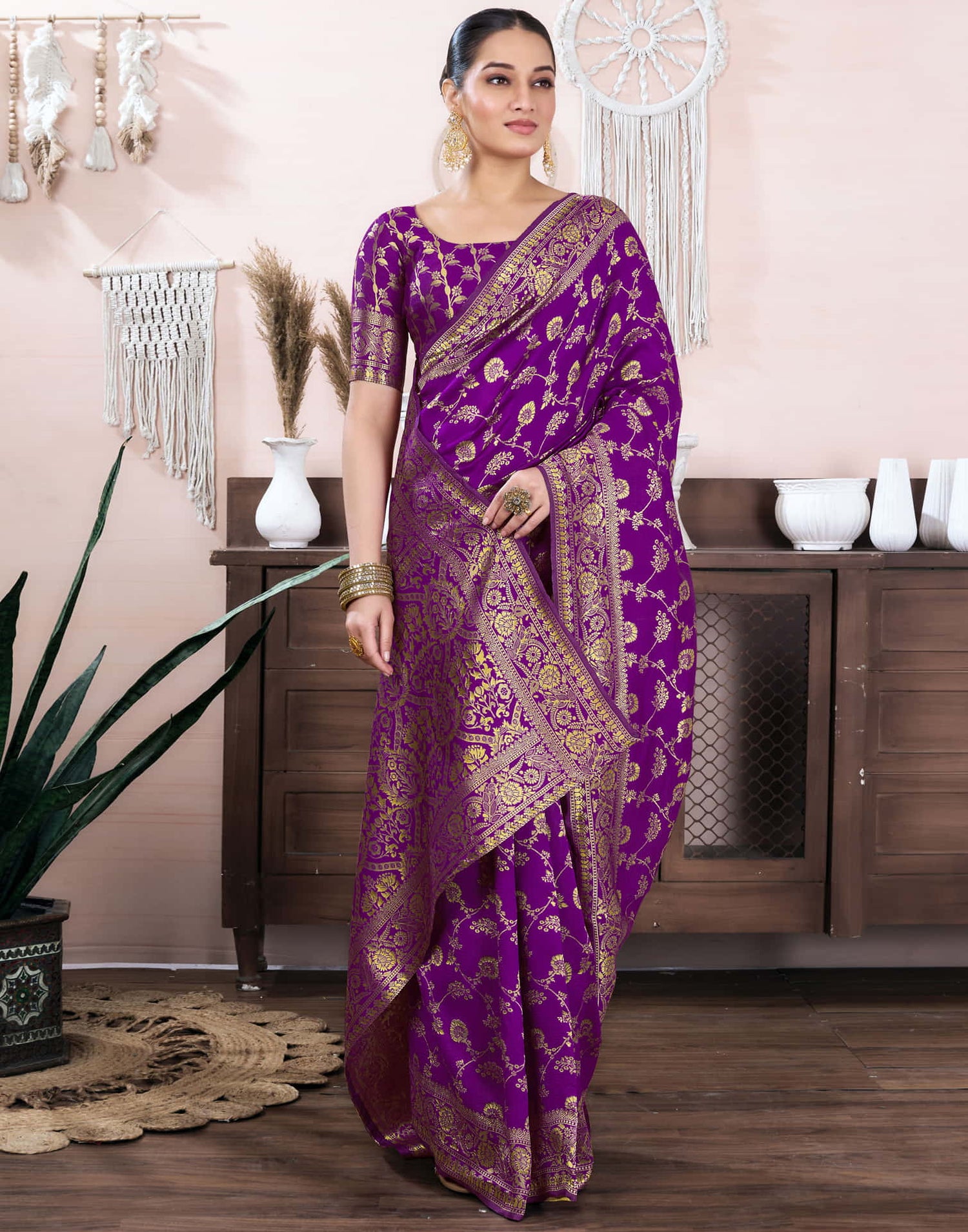 Purple Silk Blend Weaving Banarasi Saree