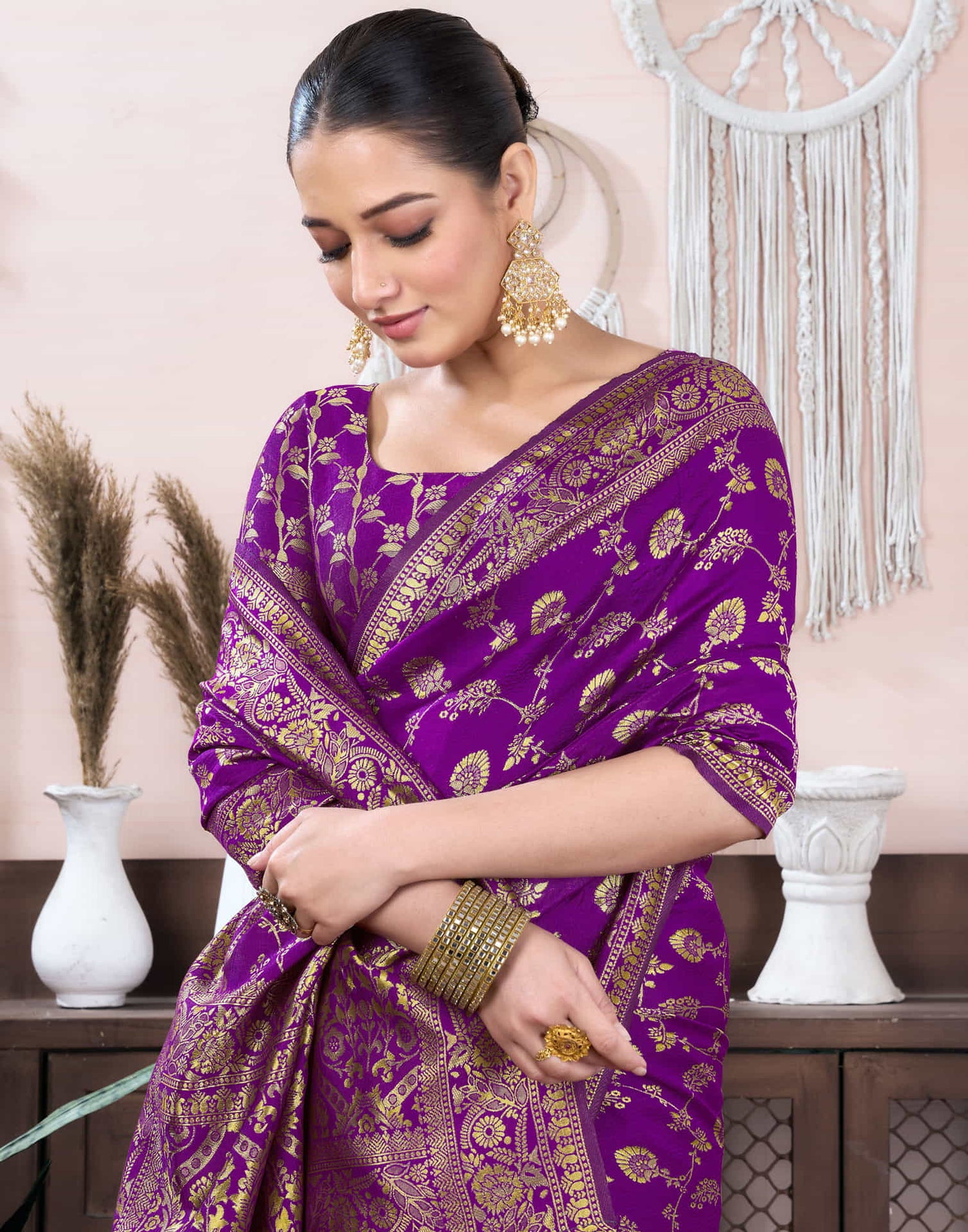 Purple Silk Blend Weaving Banarasi Saree