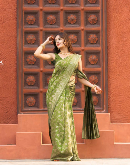 Light Olive Green Silk Blend Weaving Banarasi Saree
