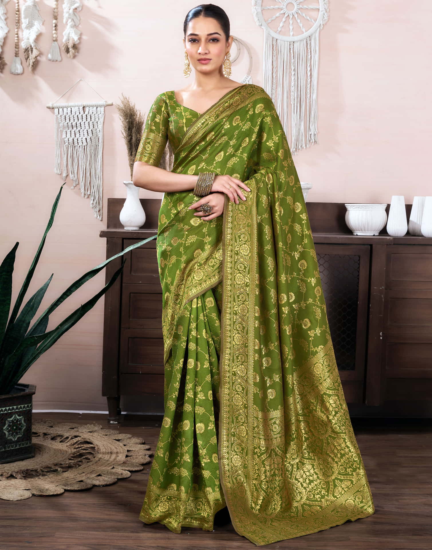 Light Olive Green Silk Blend Weaving Banarasi Saree