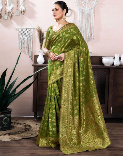 Light Olive Green Silk Blend Weaving Banarasi Saree