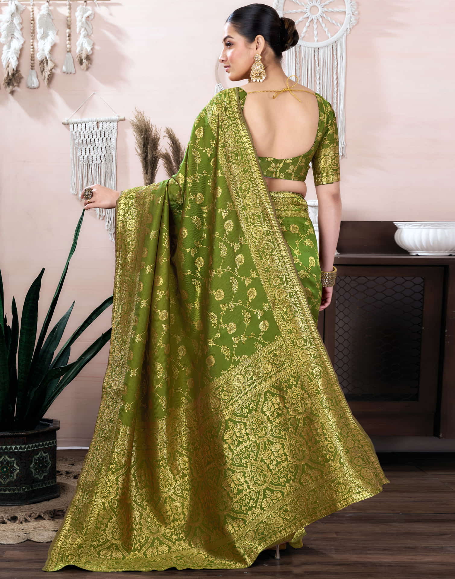 Light Olive Green Silk Blend Weaving Banarasi Saree