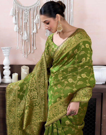 Light Olive Green Silk Blend Weaving Banarasi Saree