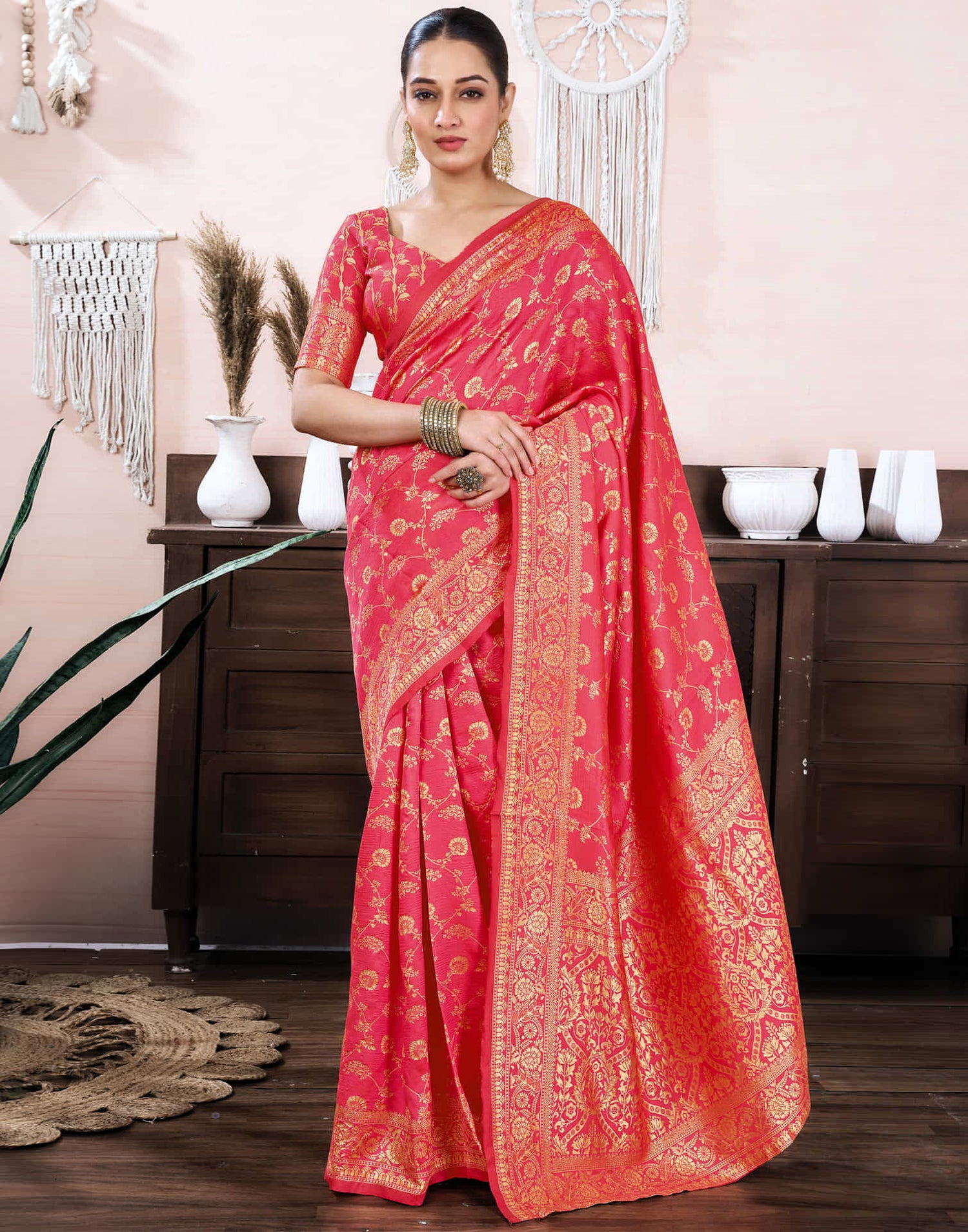 Warm Pink Silk Blend Weaving Banarasi Saree