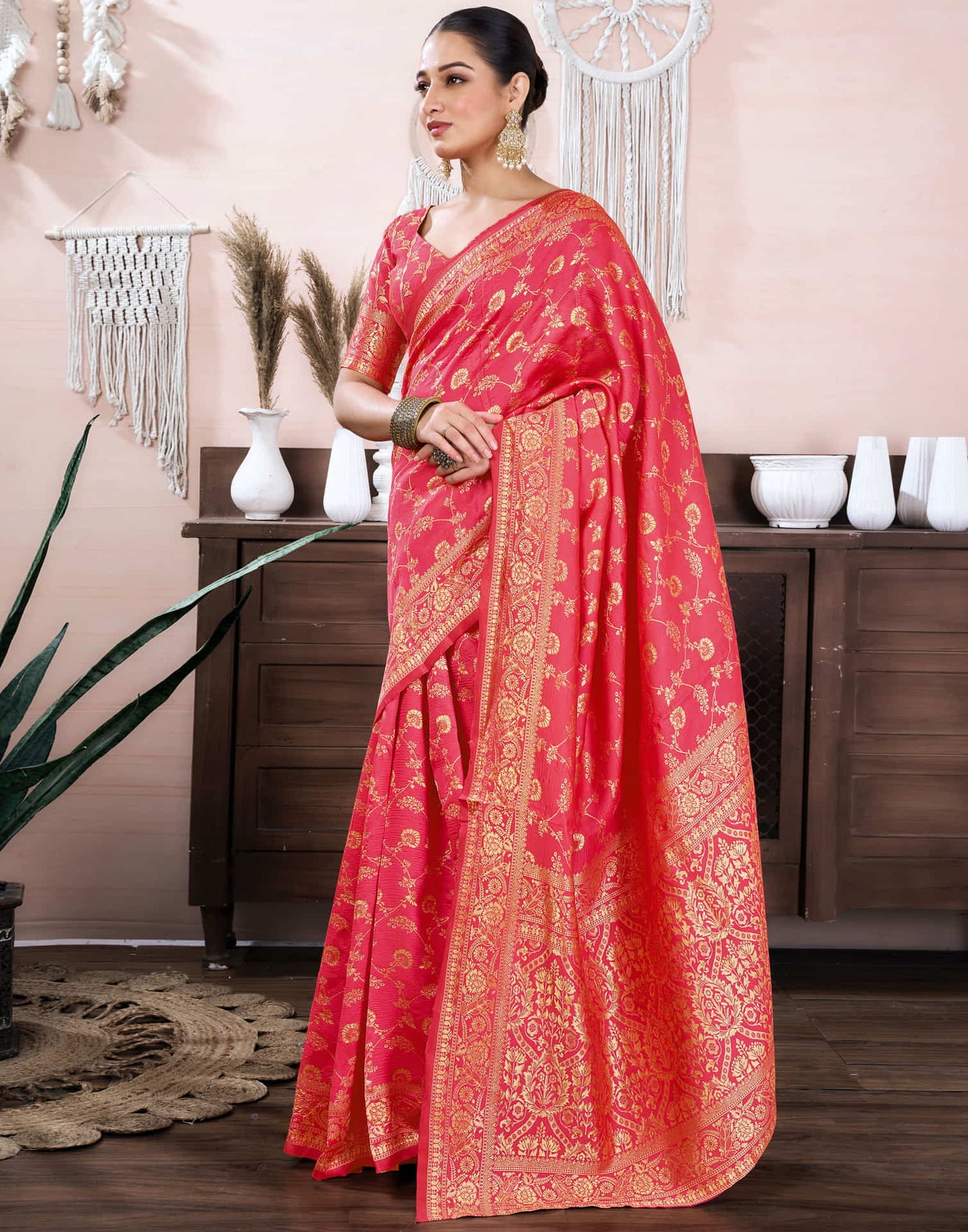 Warm Pink Silk Blend Weaving Banarasi Saree