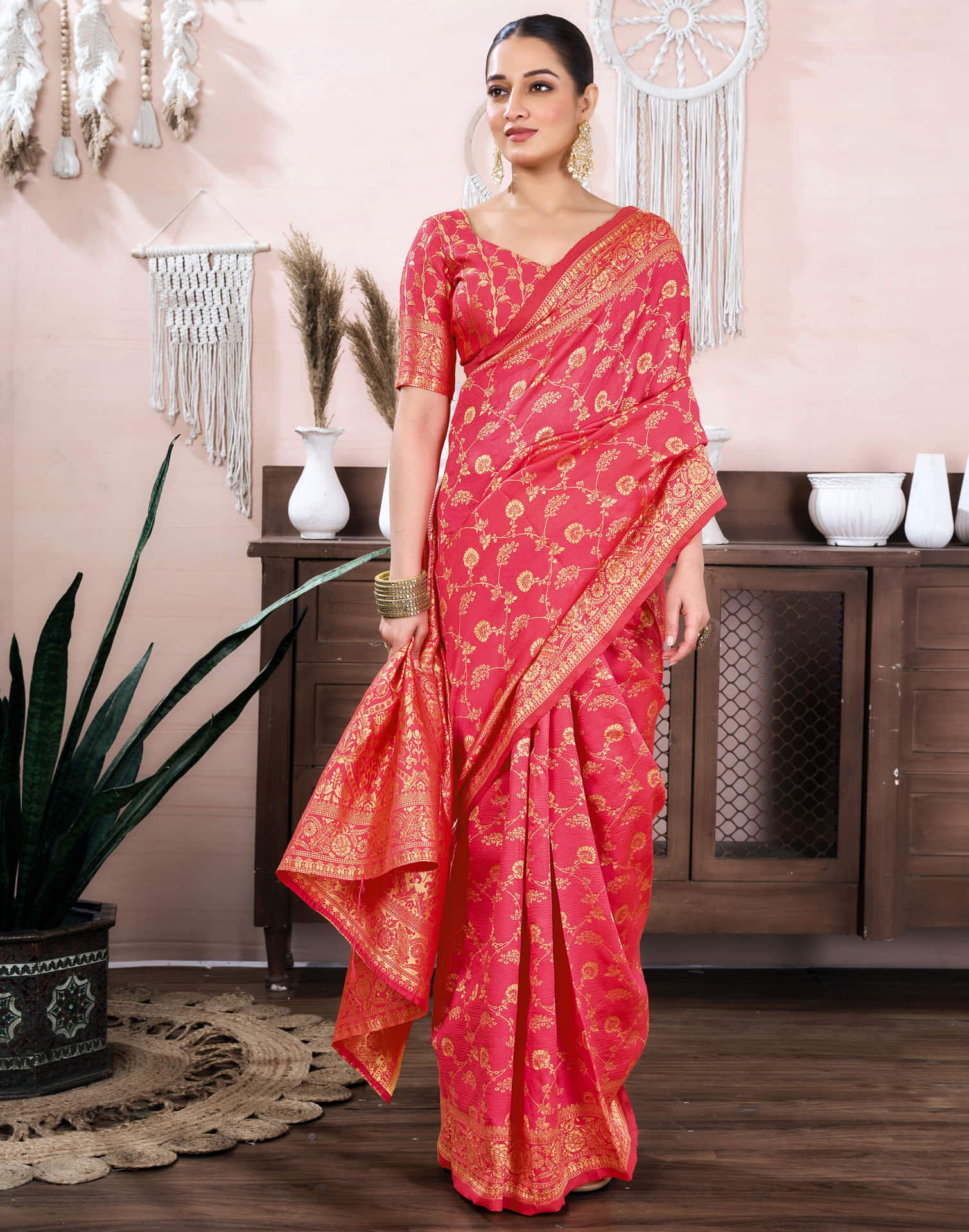 Warm Pink Silk Blend Weaving Banarasi Saree