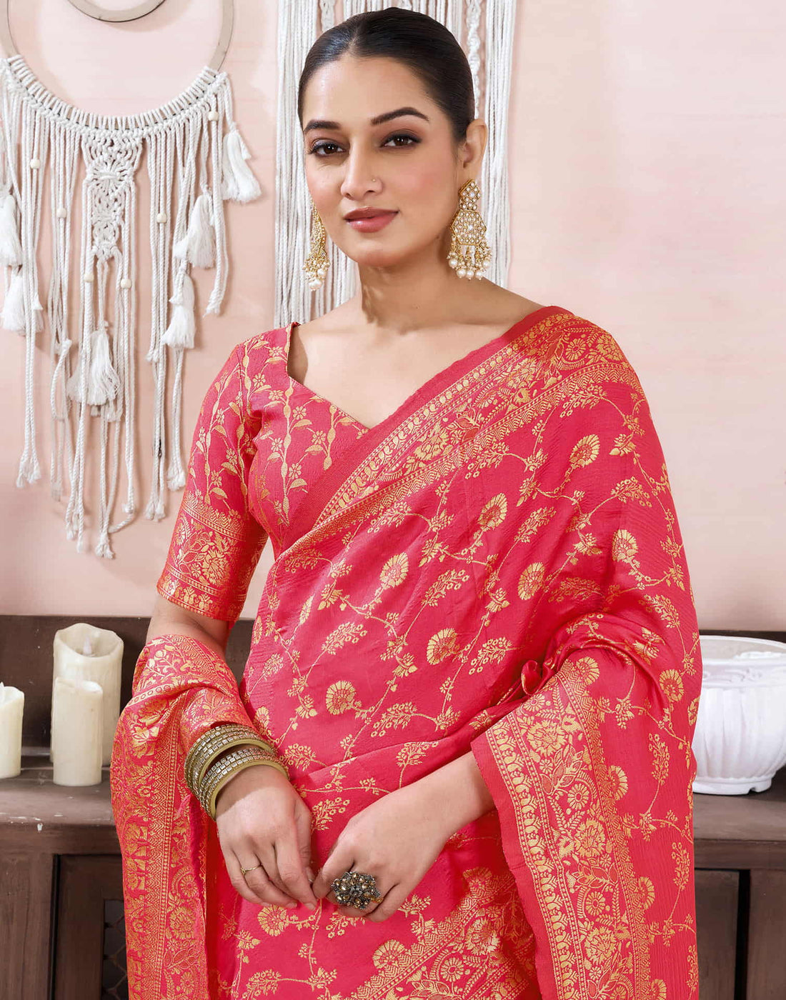 Warm Pink Silk Blend Weaving Banarasi Saree